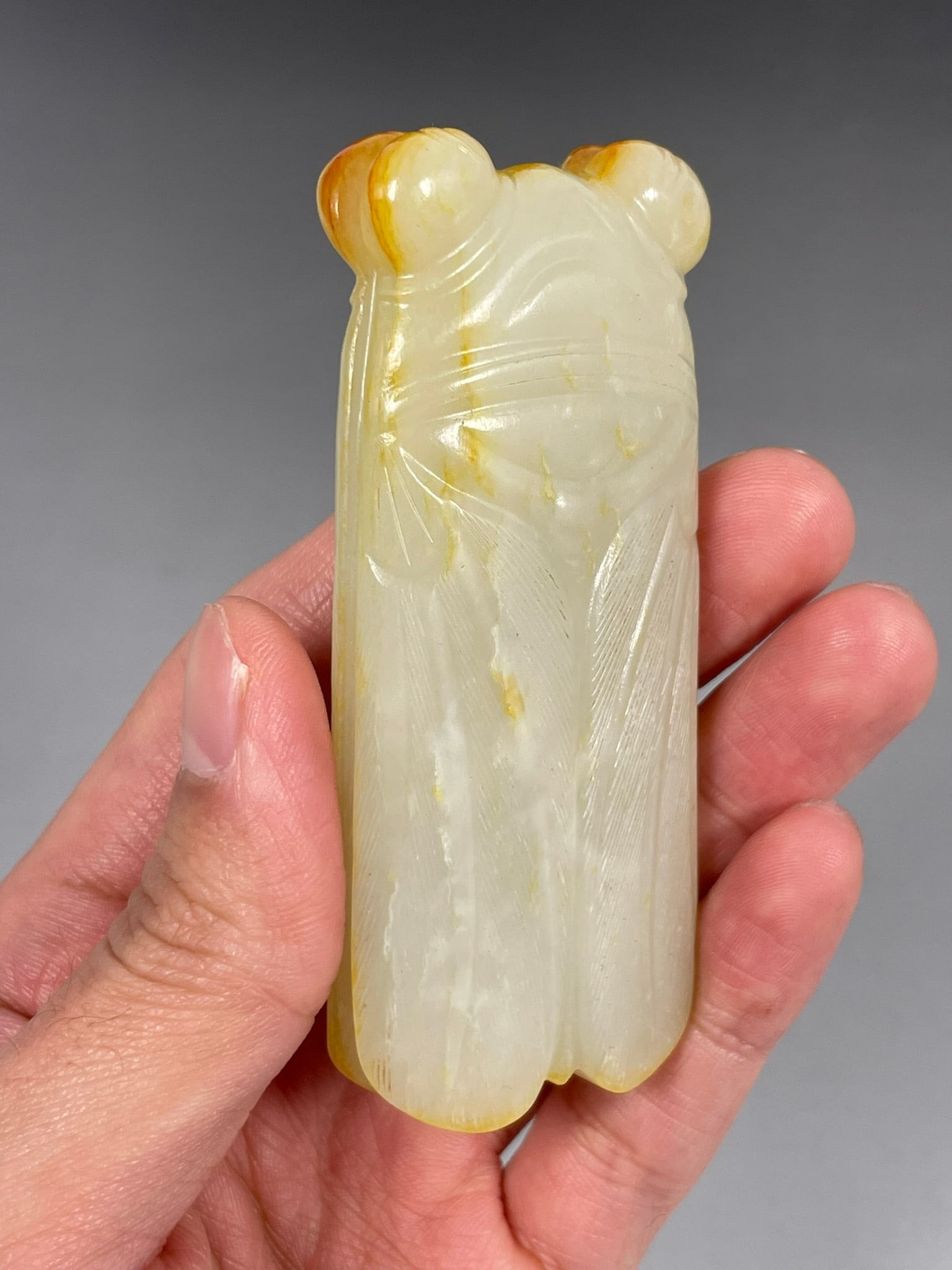 A Chinese White and Russet Jade Carving of Cicada - 9