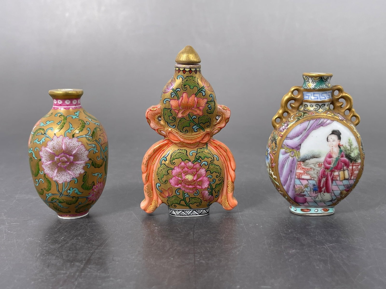A Group of Three Chinese Famille Rose Gilt-Decorated Porcelain Snuff Bottles - 2