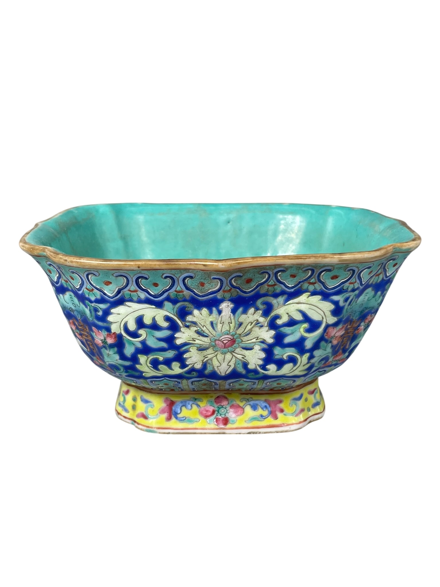 A Chinese Famille Rose and Inside Turquoise-Glazed Bowl, Tongzhi Mark and of the Period, Qing: Tongzhi mark to the underside. 3.1/4 in. high, 6.1/2 in. square.