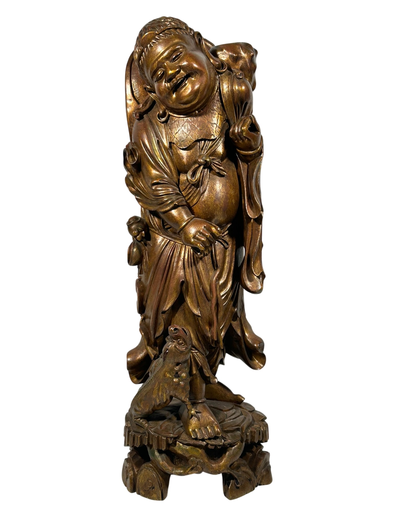 A Chinese Carved Wood Figure of Liu Hai and Toad: 32 in. high, 11.1/2 in. wide.