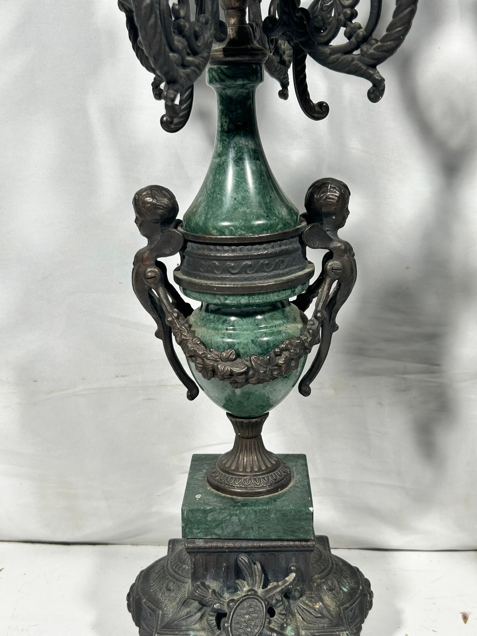 A Pair of European Baroque-Style Bronze and Marble Urn Form Seven-Light Candelabra, Mid-20th Century - 2