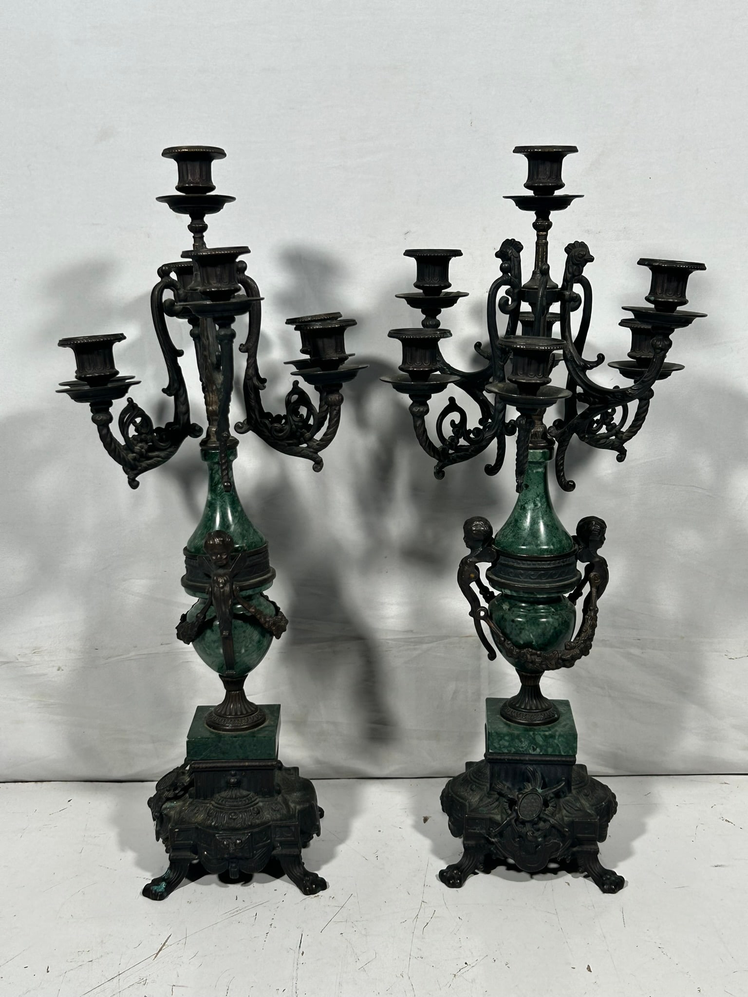 A Pair of European Baroque-Style Bronze and Marble Urn Form Seven-Light Candelabra, Mid-20th Century - 8