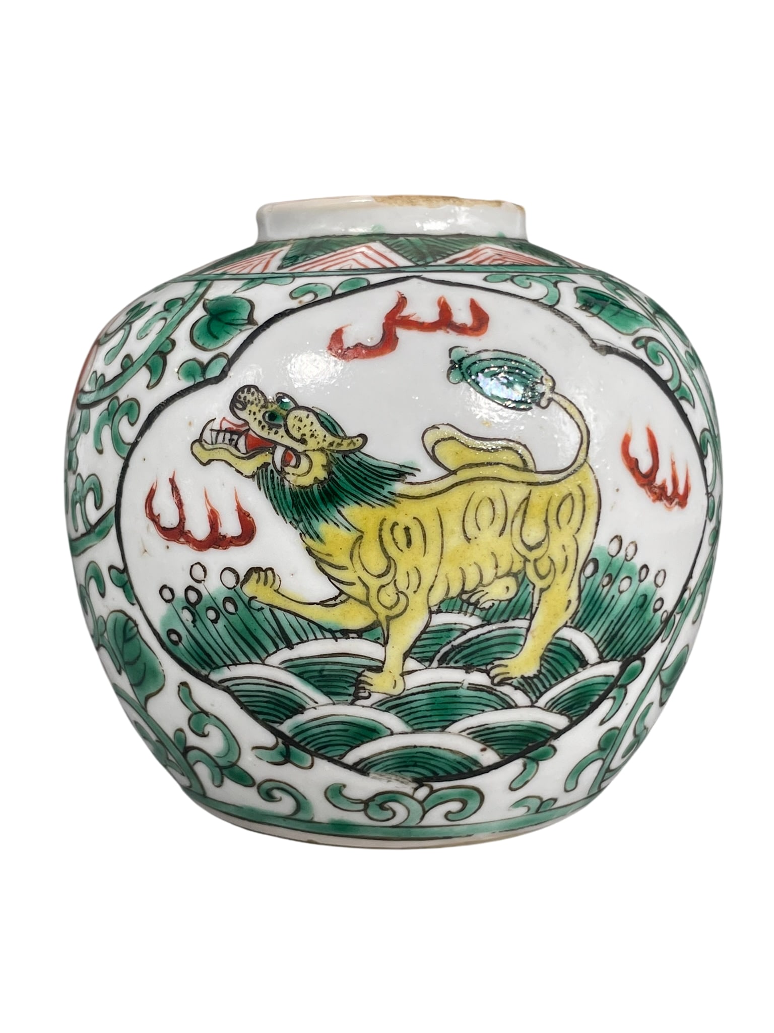 A Chinese Small Wucai 'Medallion' 'Mythical Animal' Porcelain Jar, Late Qing Dynasty (1 of 7)