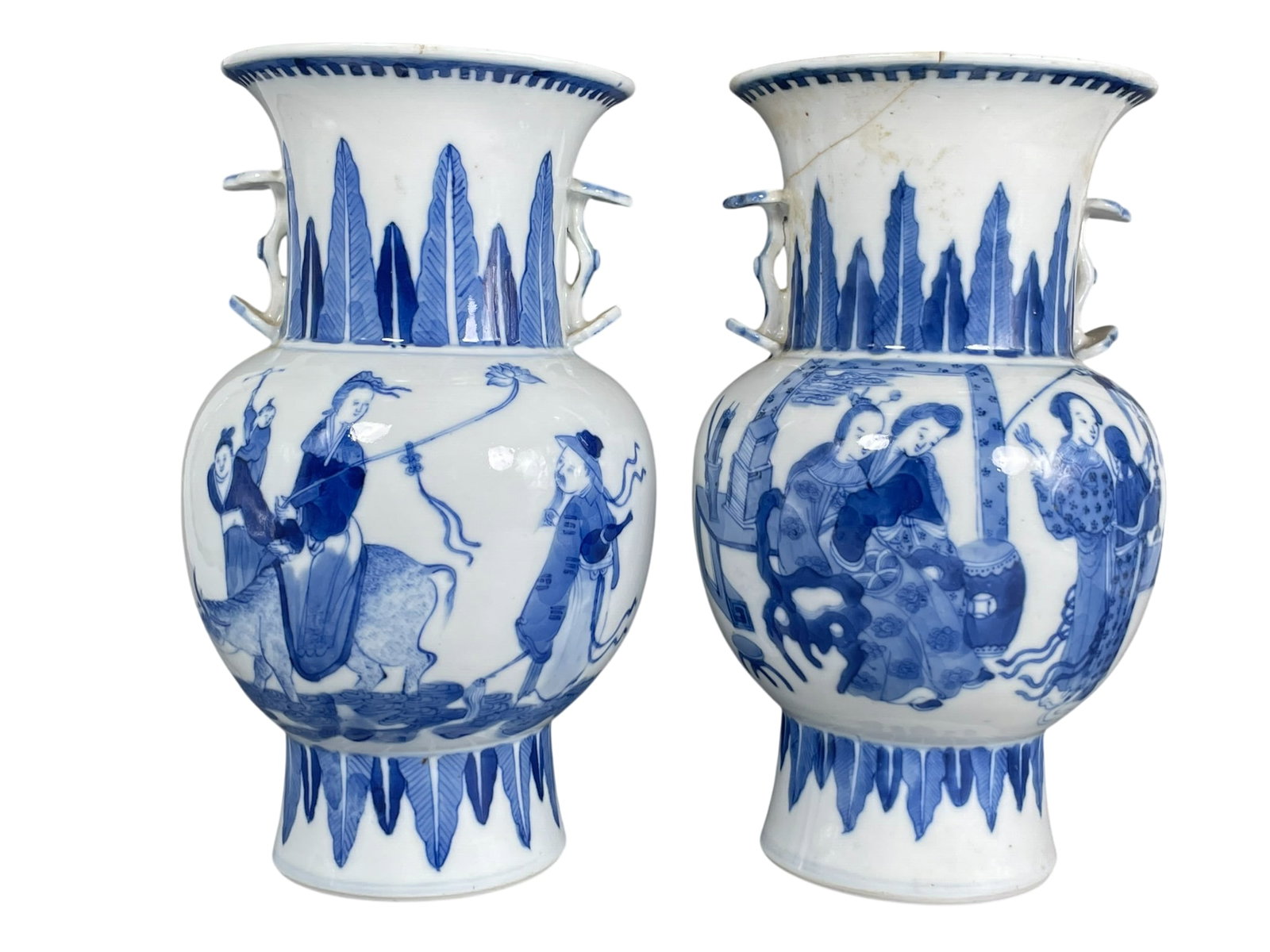 Two Chinese Blue and White 'Figural' Porcelain Vase, Zun, Late Qing Dynasty: 8.1/4 in. high, 4.3/4 in. wide.