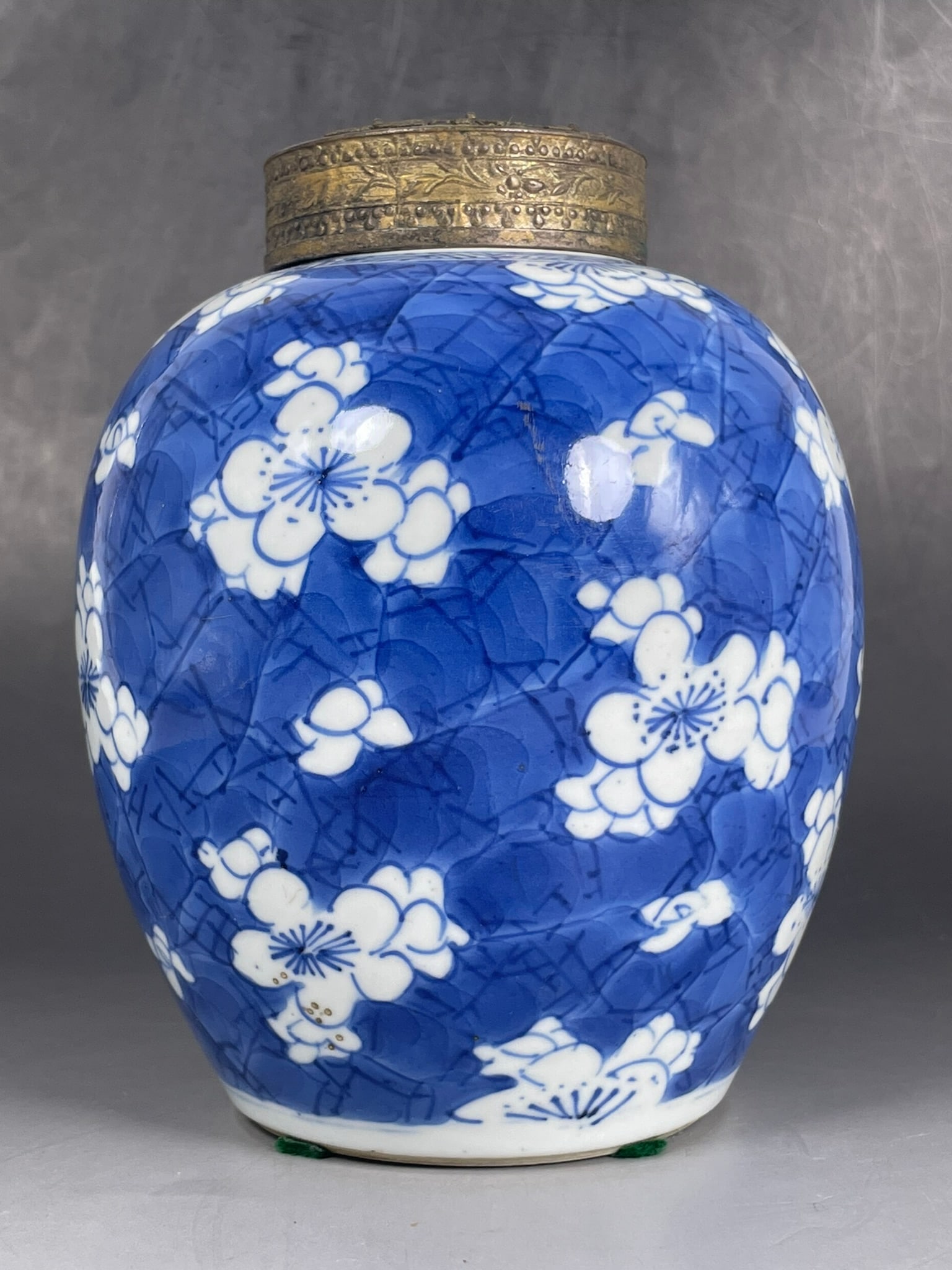 A Chinese Blue and White 'Blossoming Plum Branches' Porcelain Jar and a Pewter Cover, Kangxi Period, - 3