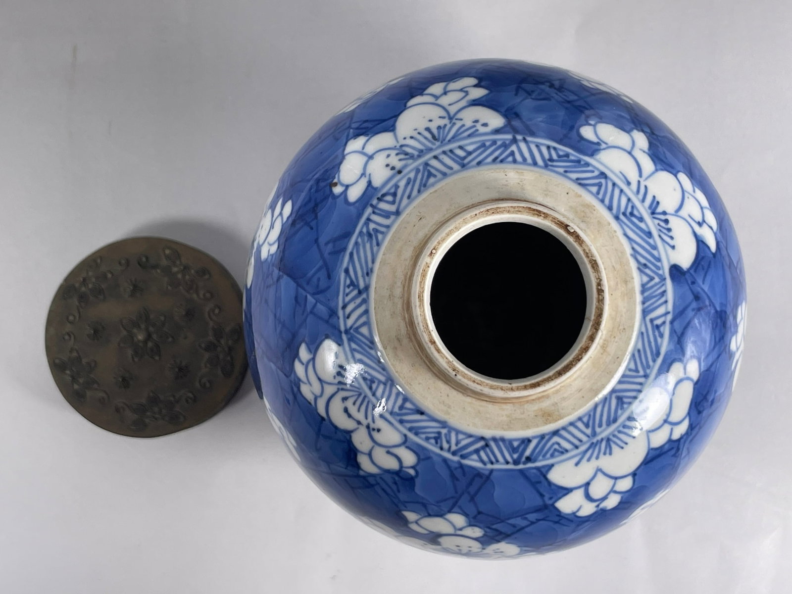 A Chinese Blue and White 'Blossoming Plum Branches' Porcelain Jar and a Pewter Cover, Kangxi Period, - 5