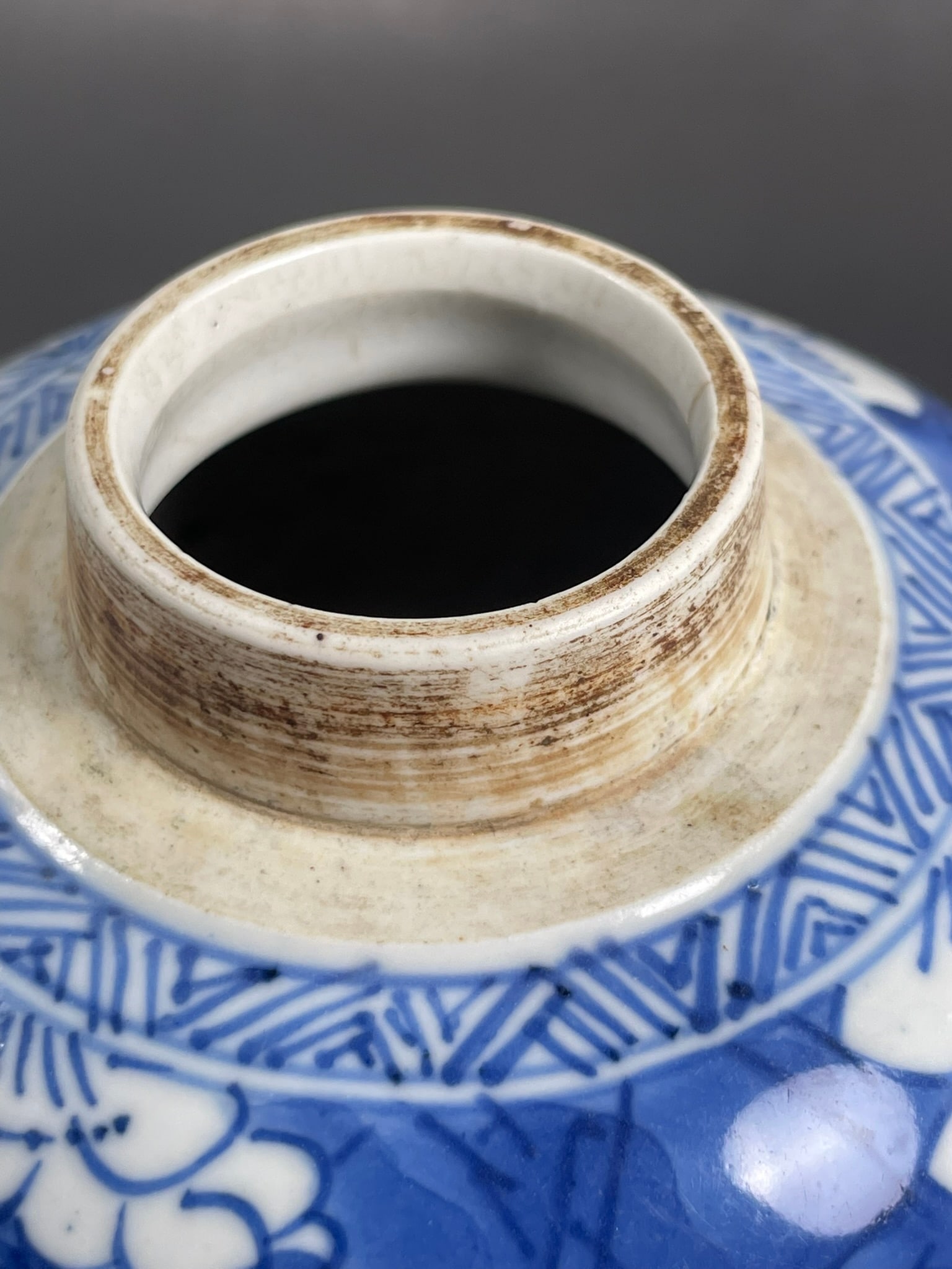A Chinese Blue and White 'Blossoming Plum Branches' Porcelain Jar and a Pewter Cover, Kangxi Period, - 6