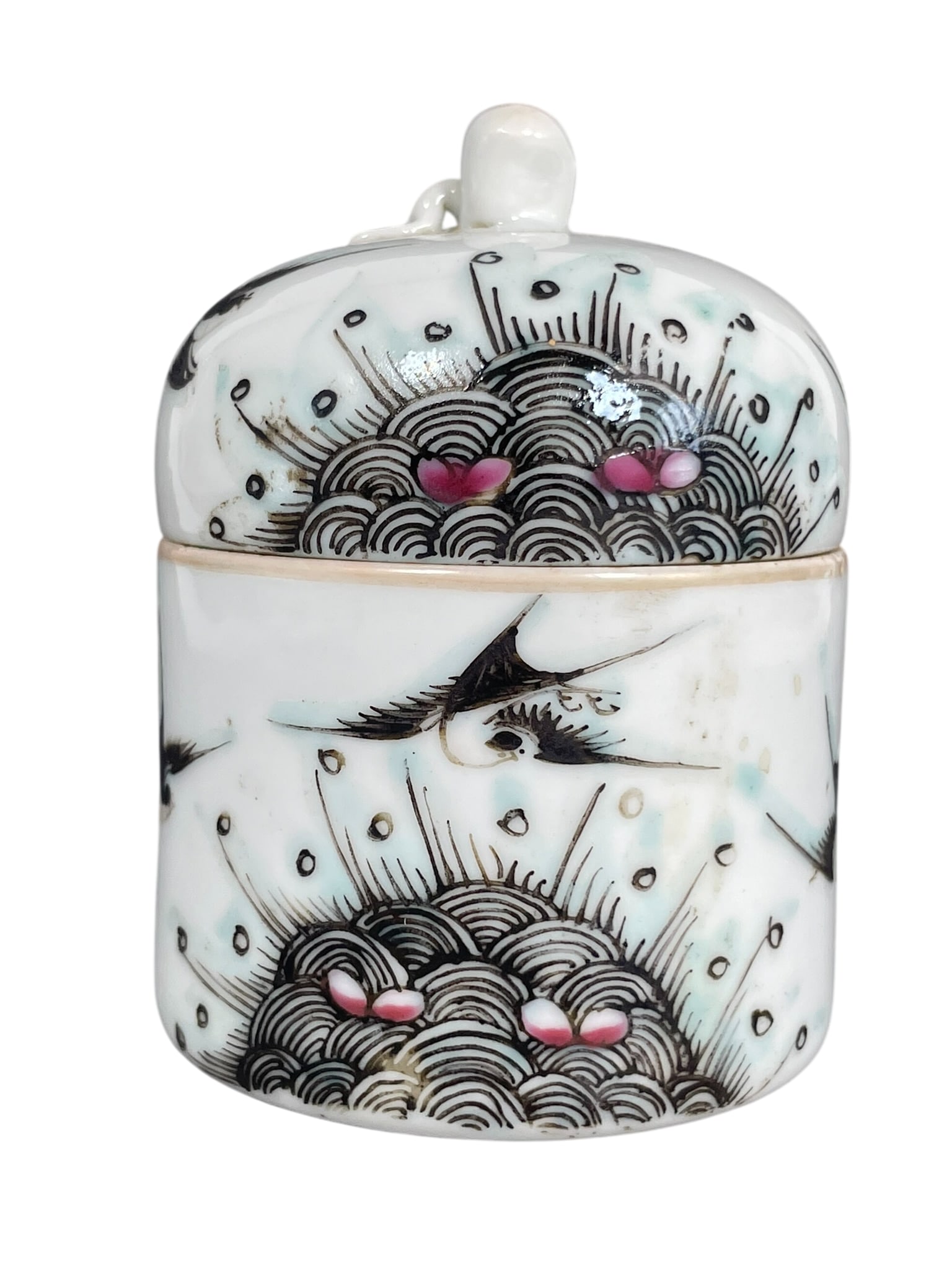 A Chinese Famille Rose Circular Box and Cover: 4 in. high, 2.3/4 in. wide.