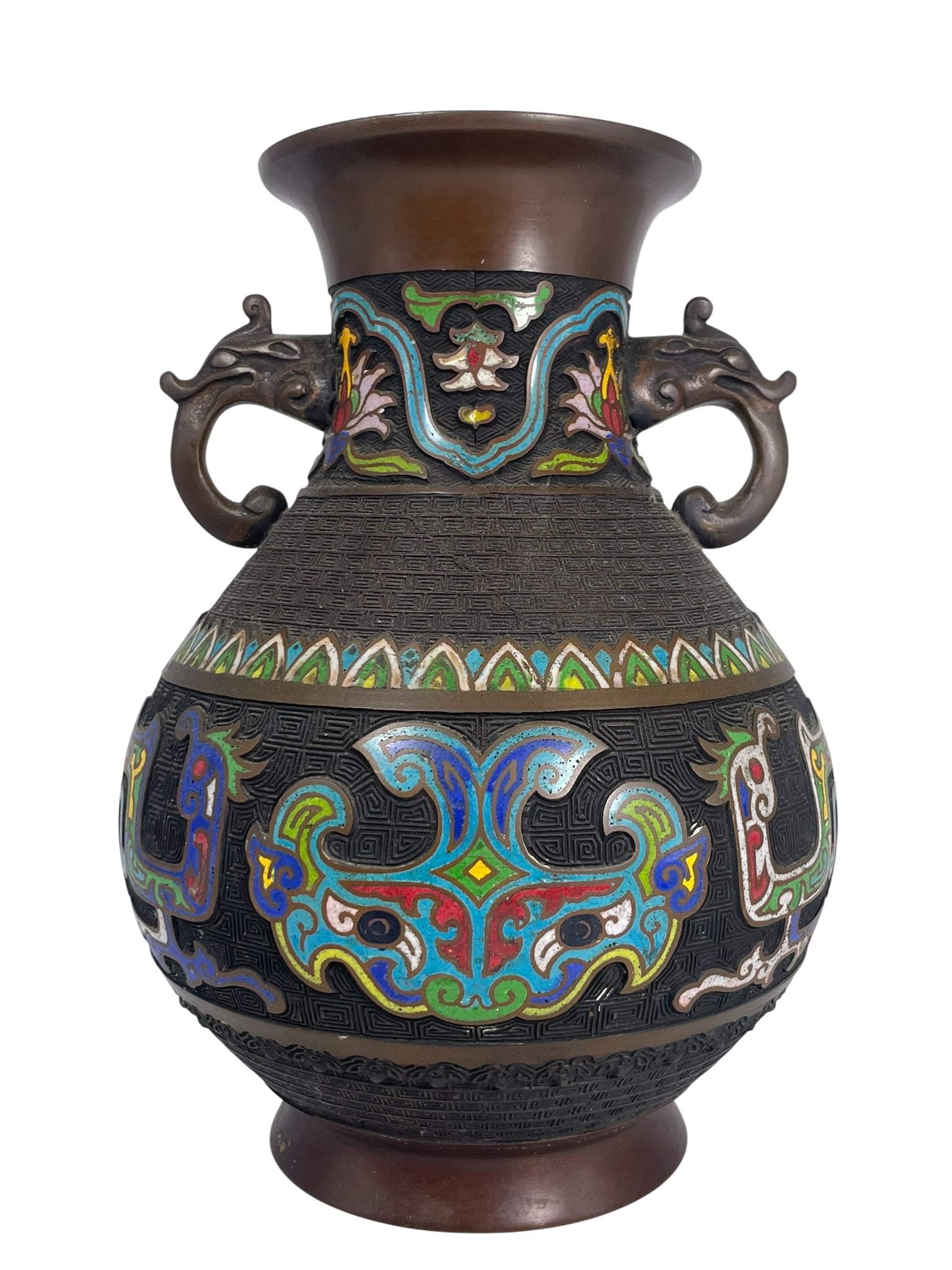 A Japanese Cloisonne Enamel Bronze Vase, Meiji Period: 12 in. high, 8 in. wide.