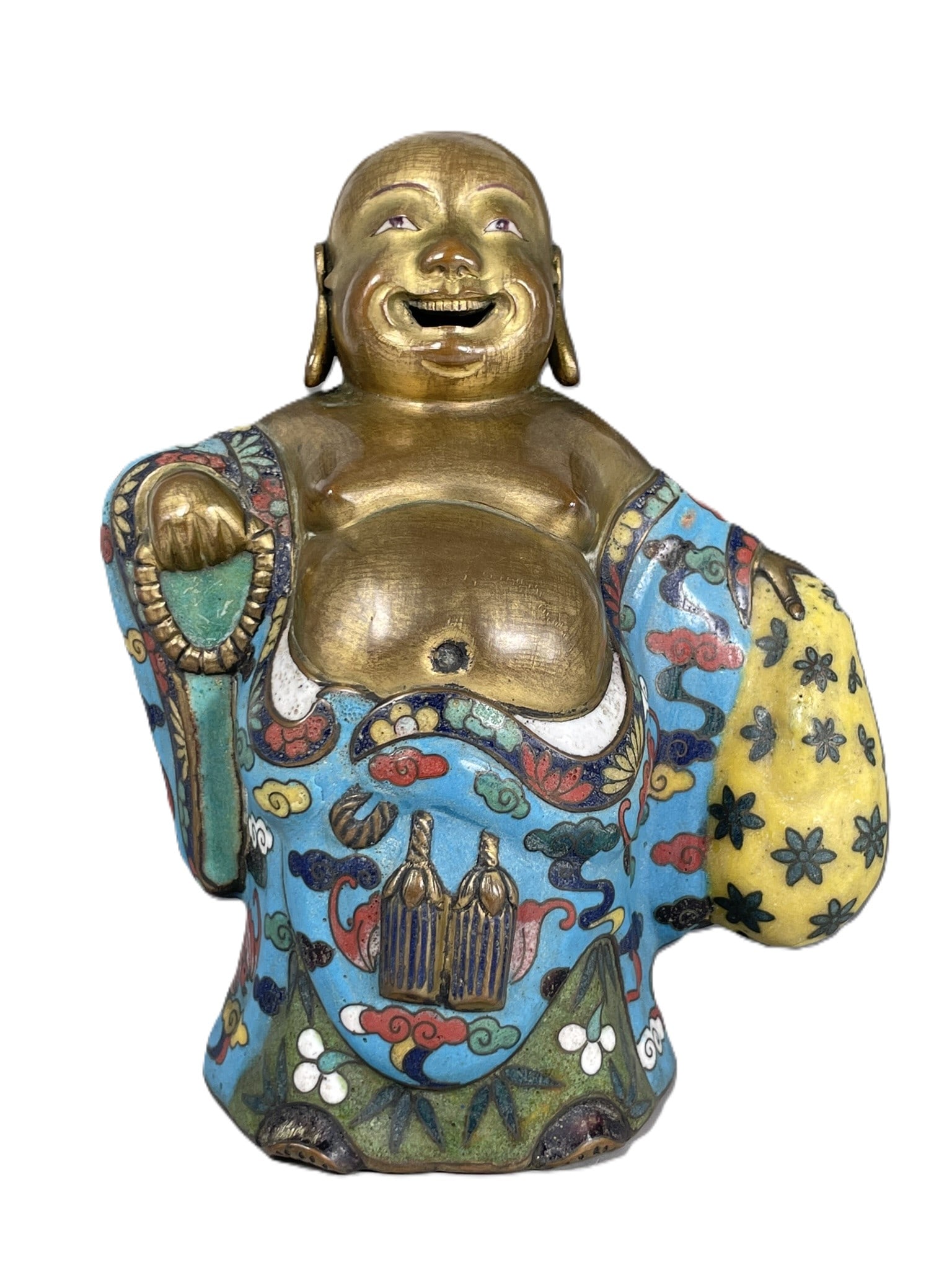 A Chinese Cloisonne Enamel Figure of Budai: 6.1/2 in. high, 5.1/4 in. wide.