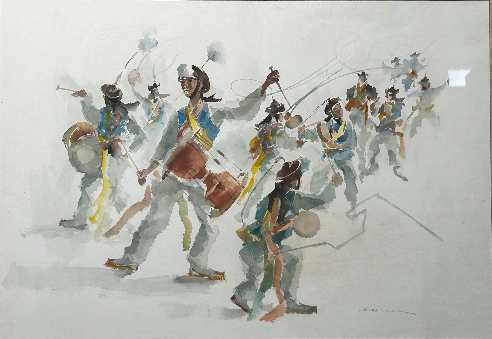 A Painting 'Harvest Dance', Hoe Won: Watercolor on paper, a signature of the artist to the bottom right. 24.1/4 in. x 18.1/2 in. overall including the frame. With a Portland Art Museum sticker, accession no. 92.97.21.