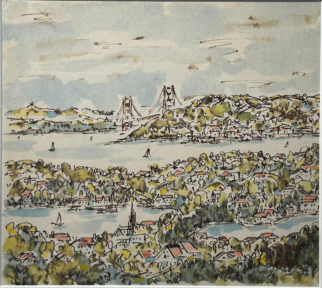 A Painting of the Golden Gate Bridge, Yoshitsugu Yoshii Seal: Watercolor on paper, a seal of the artist to the bottom right. Yoshitsugu Yoshii (b. 1929, Kumamoto Prefecture) graduated from Takushoku University in Tokyo in 1952. He received an award at the Kumamo