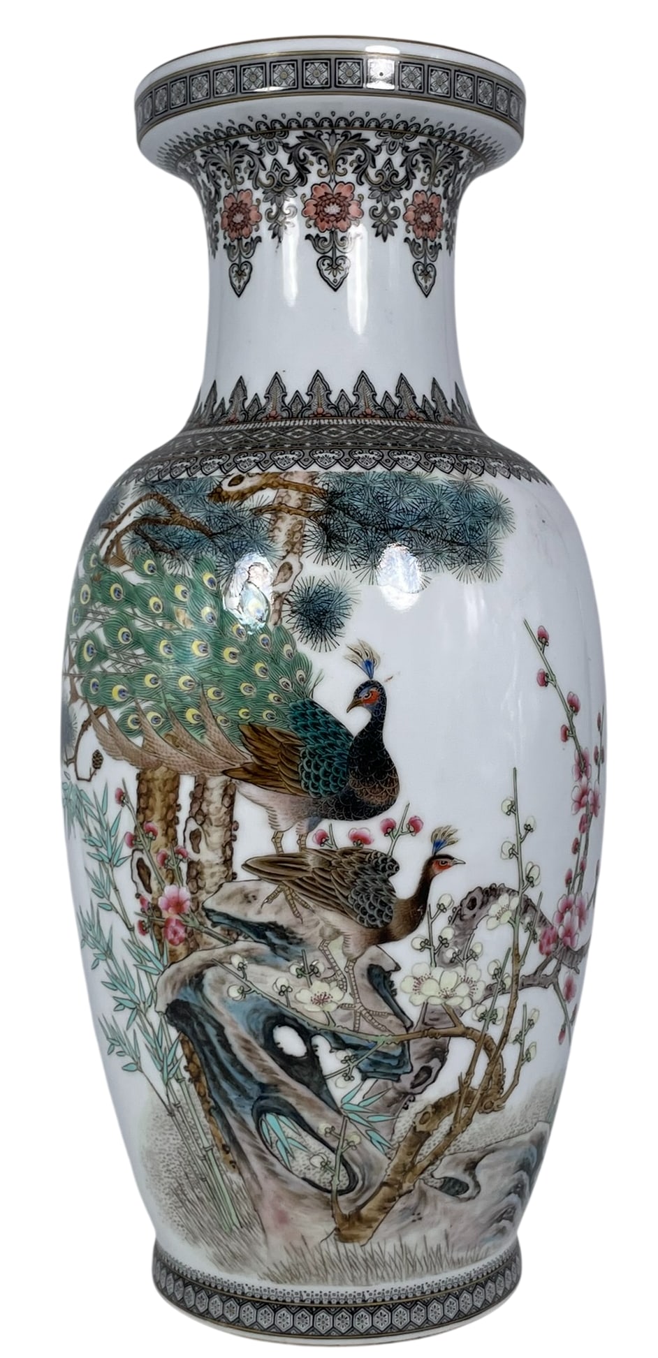 A Chinese Famille Rose 'Peacock and Pine Tree' Porcelain Vase, 20th Century: 18.1/2 in. high, 8 in. wide.