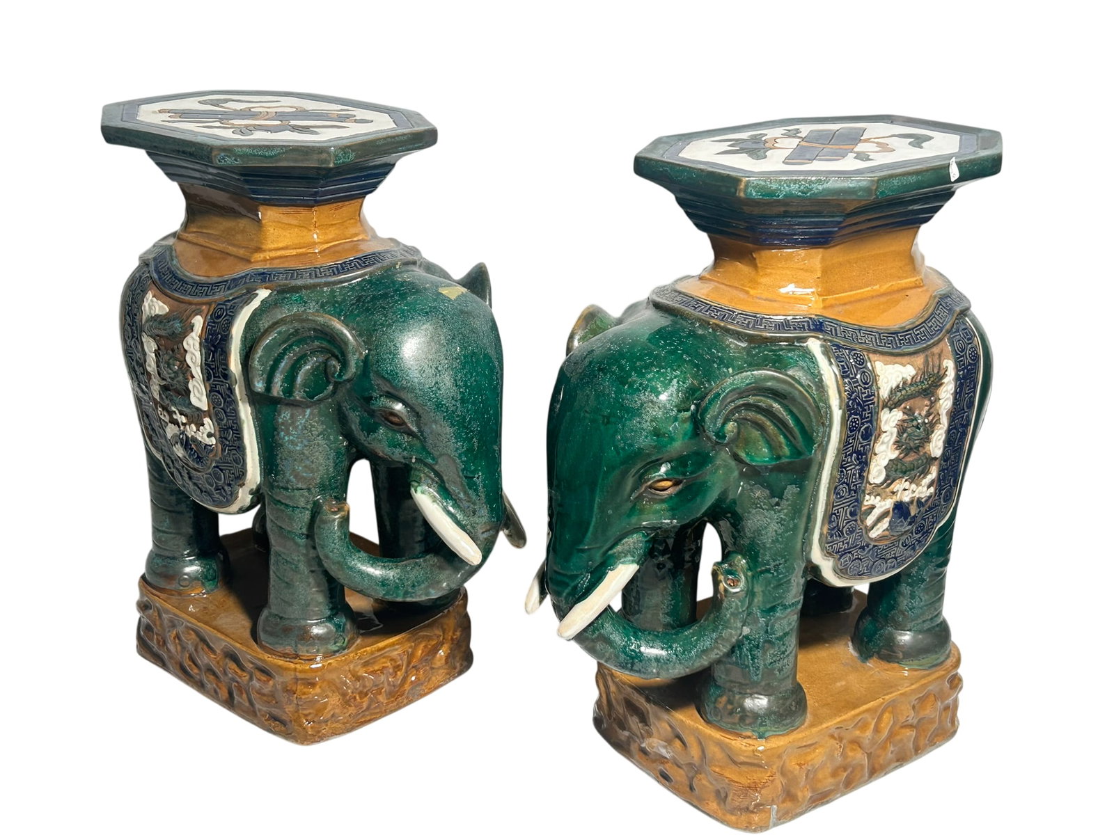 A Pair of Large Vintage Vietnamese Hand-Painted Elephant-Shaped Porcelain Garden Stools: 23.1/2 in. high, 20 in. wide each. From antique collection of a former Yale Faculty member.
