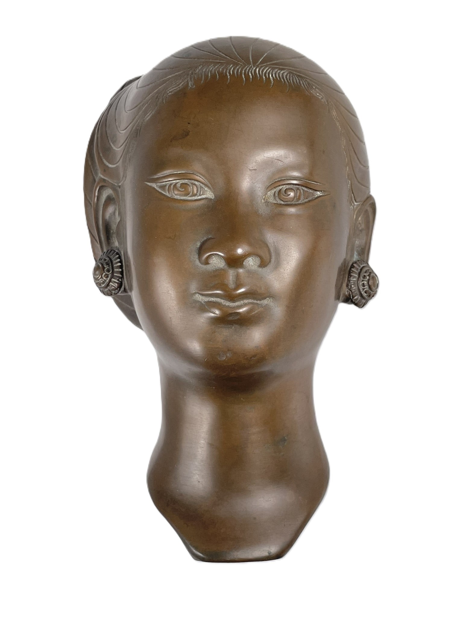 A Vietnamese Female Bronze Head, First Half 20th Century, a Mark Gia Loi: Depicting a Tonkinese woman with headscarf. A mark of the artist 'Gio Loi' to the back of the neck. 8.1/4 in. high, 6 in. wide. From antique collection of a former Yale Faculty member.
