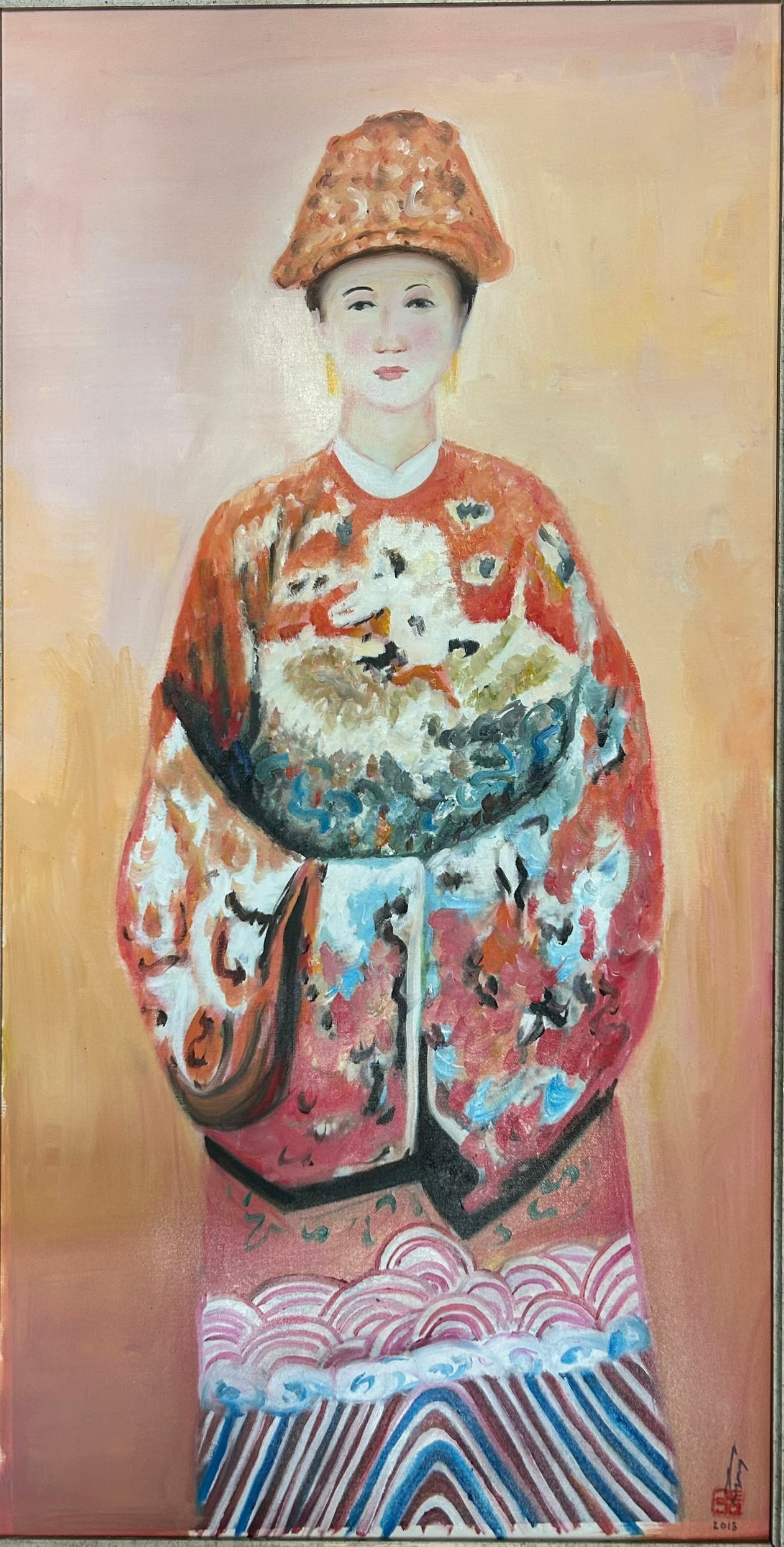 A Vietnamese Painting of Empress Nam Phuong, Nguyen Hoang Hoanh, 2018: Oil on canvas, depicting a portrait of Empress Nam Phuong, the wife of Bao Dai. Signed, dated, and with a red seal at lower right. Framed. Nguyen Hoang Hoanh was born in 1937 in old Ch? L?n (now ??c H