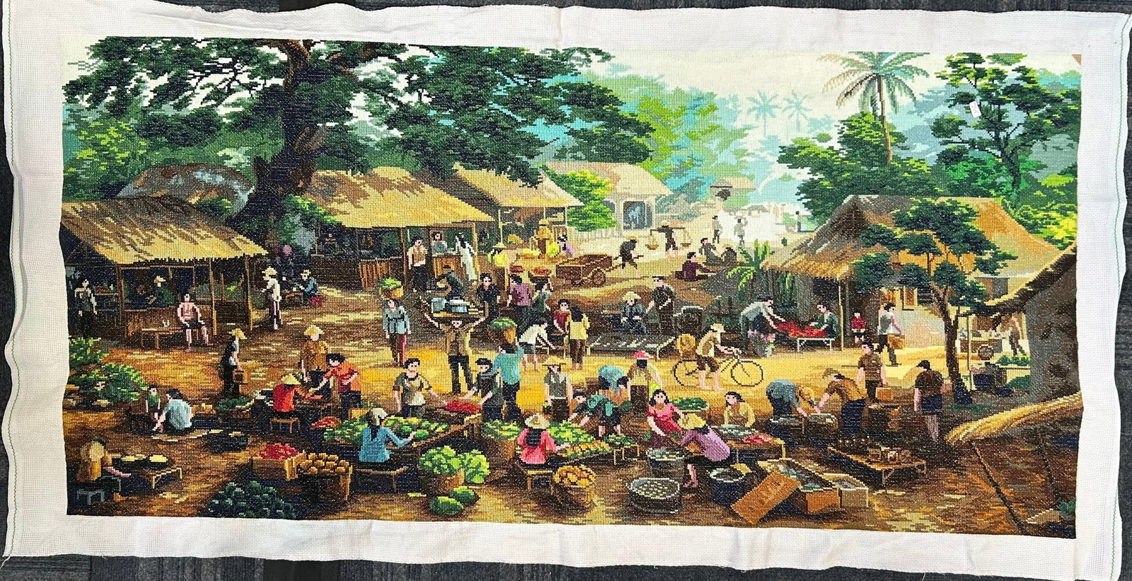 A Vietnamese Embroider of Market: Took 6 months to finish the work. 56 in. x 28 in. overall. From antique collection of a former Yale Faculty member.
