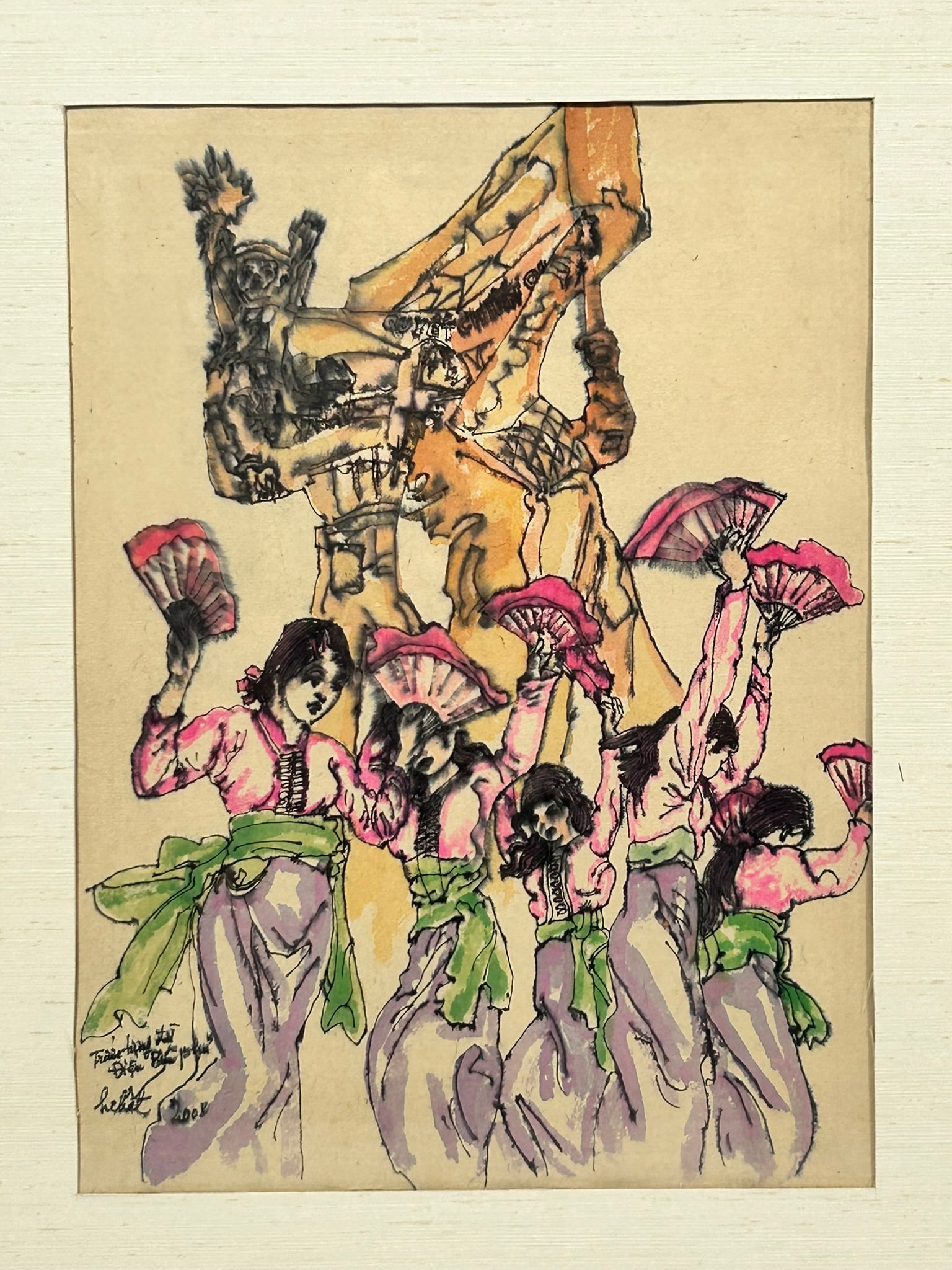 A Vietnamese Painting of Fan Dance, Tran Huu Chat: Gouache on paper, depicting Vietnamese female dancers celebrating victory over France in front of the Dien Bien Phu Monument, signed and dated by the artist to the bottom left. Tran Huu Chat (1933-201