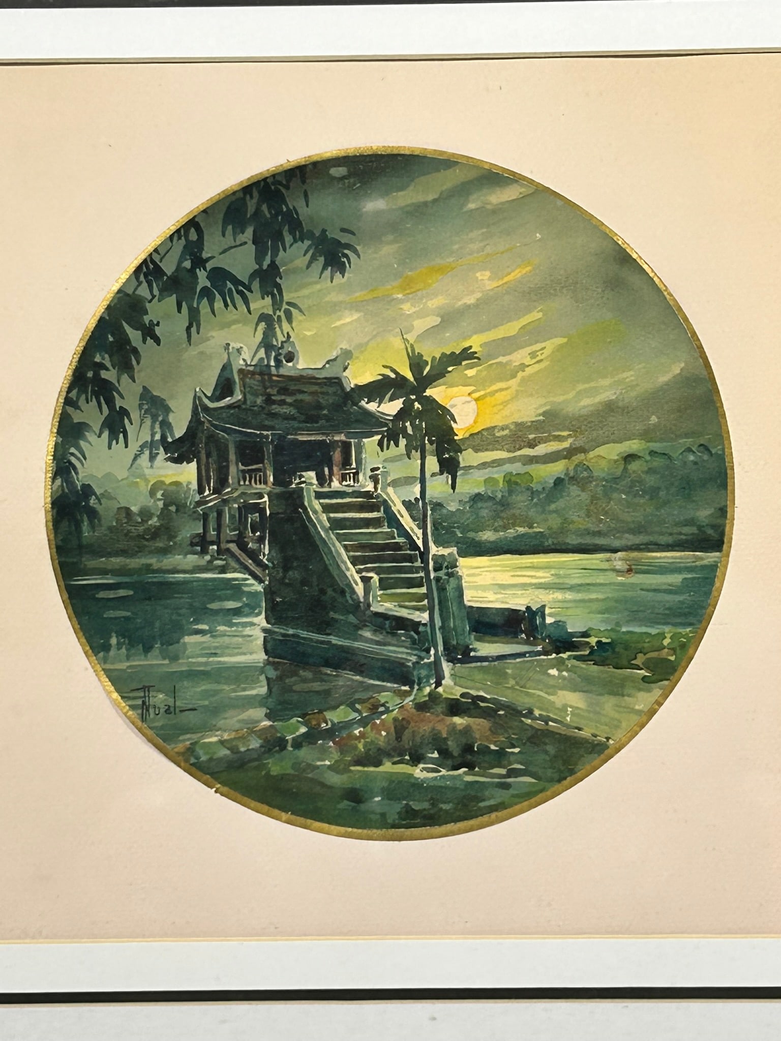 A Vietnamese Painting of the One Pillar Pagoda, Nguyen Tuan, French Indochina Period: Watercolor on paper, signed by the artist. 19.1/2 in. square overall including the frame. From antique collection of a former Yale Faculty member.