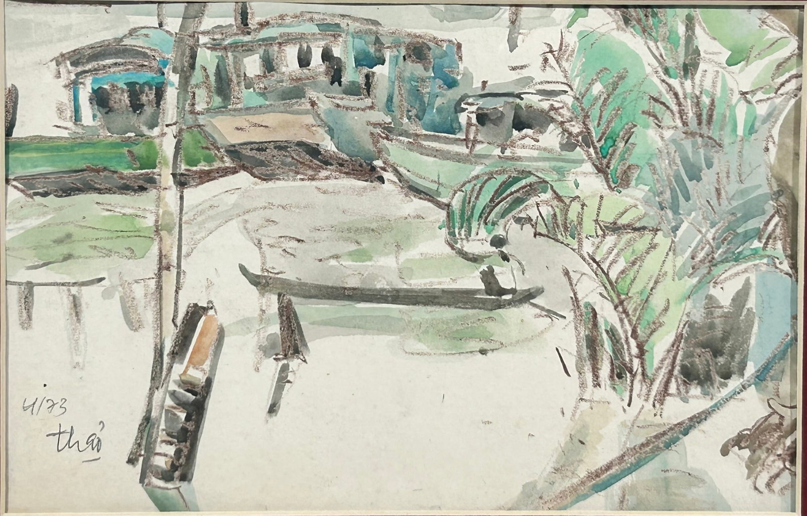 A Rare Vietnamese Painting of River and Boats, Thao, 1973: Watercolor on paper, signed and dated by the artist. As a member of the National Liberation Front, the artist painted this work during the battle in the Mekong Delta, Dong Thap in 1973. 22.1/4 in. x 1
