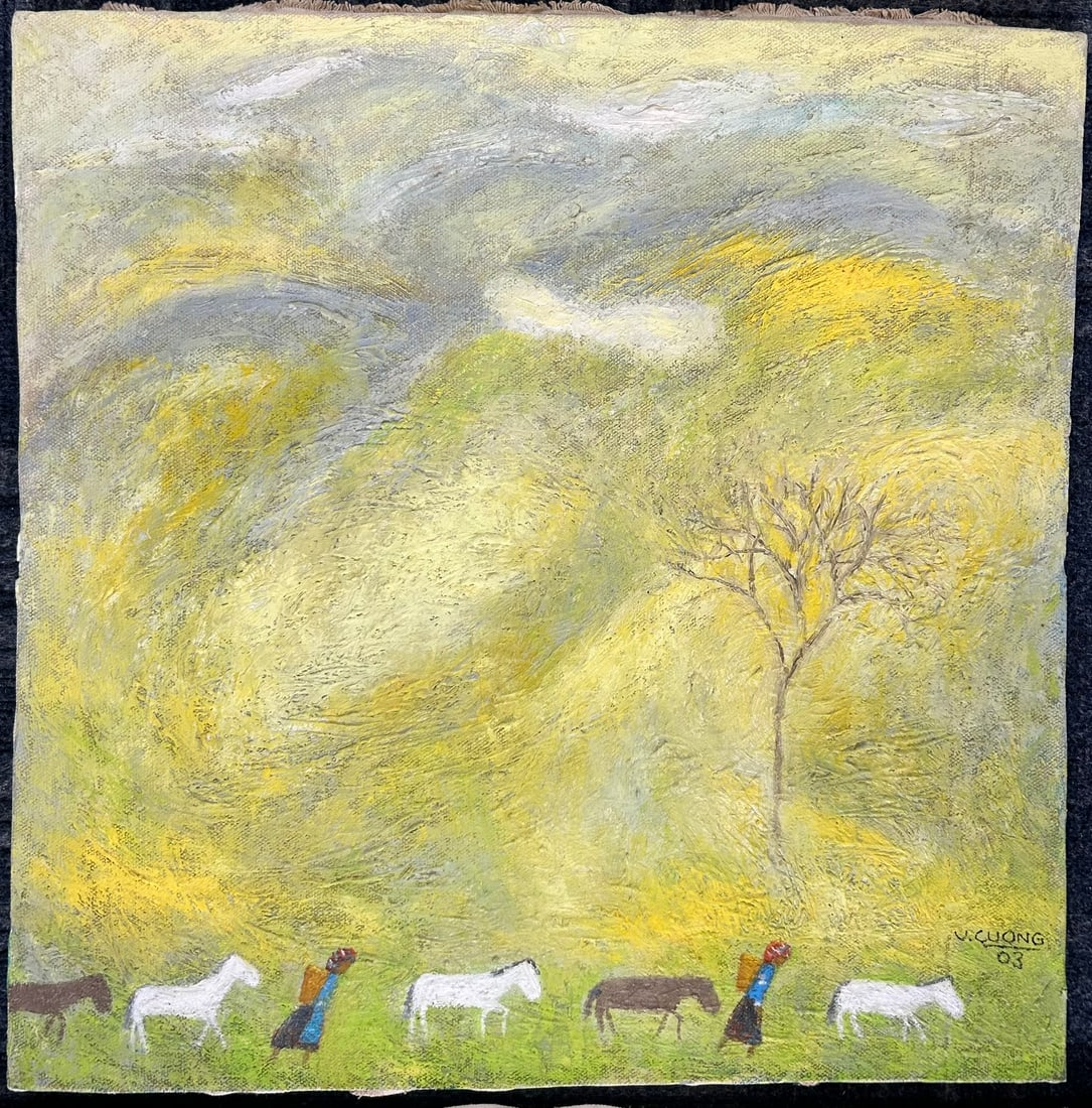 A Vietnamese Painting of Landscape, Vu Cuong, 2003: Oil on canvas, showing people walking with horses near a tree. Signed and dated by the artist. Vu Cuong was born in Hanoi, Vietnam in 1960. He graduated from Hanoi, Industrial Fine Arts University in 