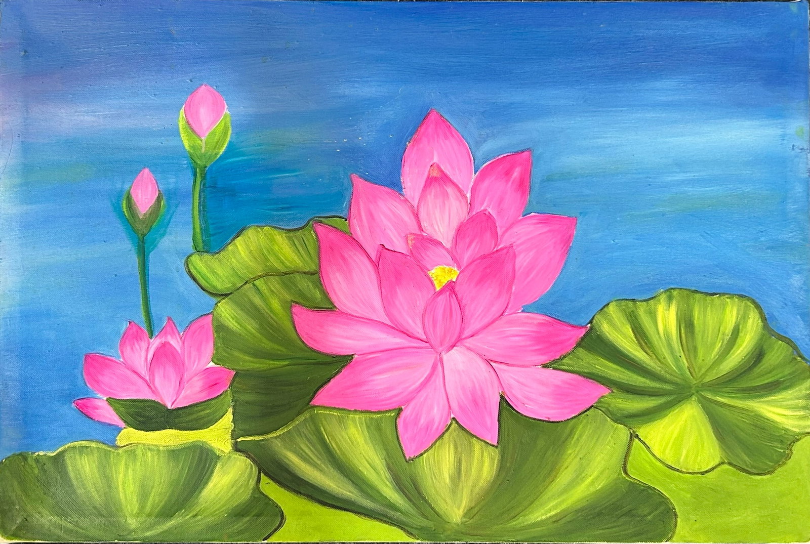A Vietnamese Painting of Lotus: Oil on canvas, painted by an disabled female artist from Dong Thap Province, Vietnam, with her mouth. All profit of this lot goes to the artist. 24 in. x 16 in. From antique collection of a former Yal