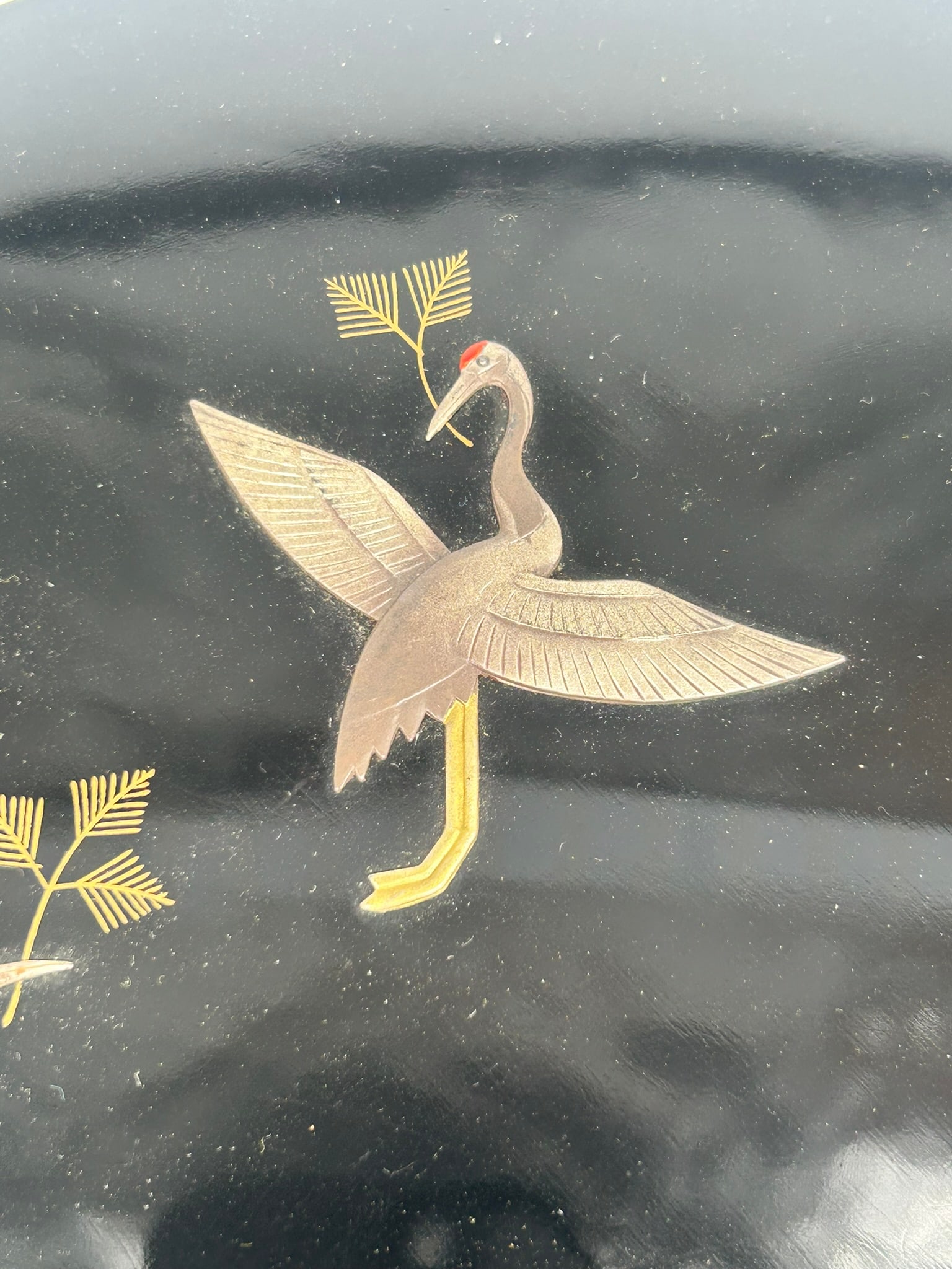 A Japanese Lacquer Box with Silver Inlay Crane, Calligraphy Set - 5