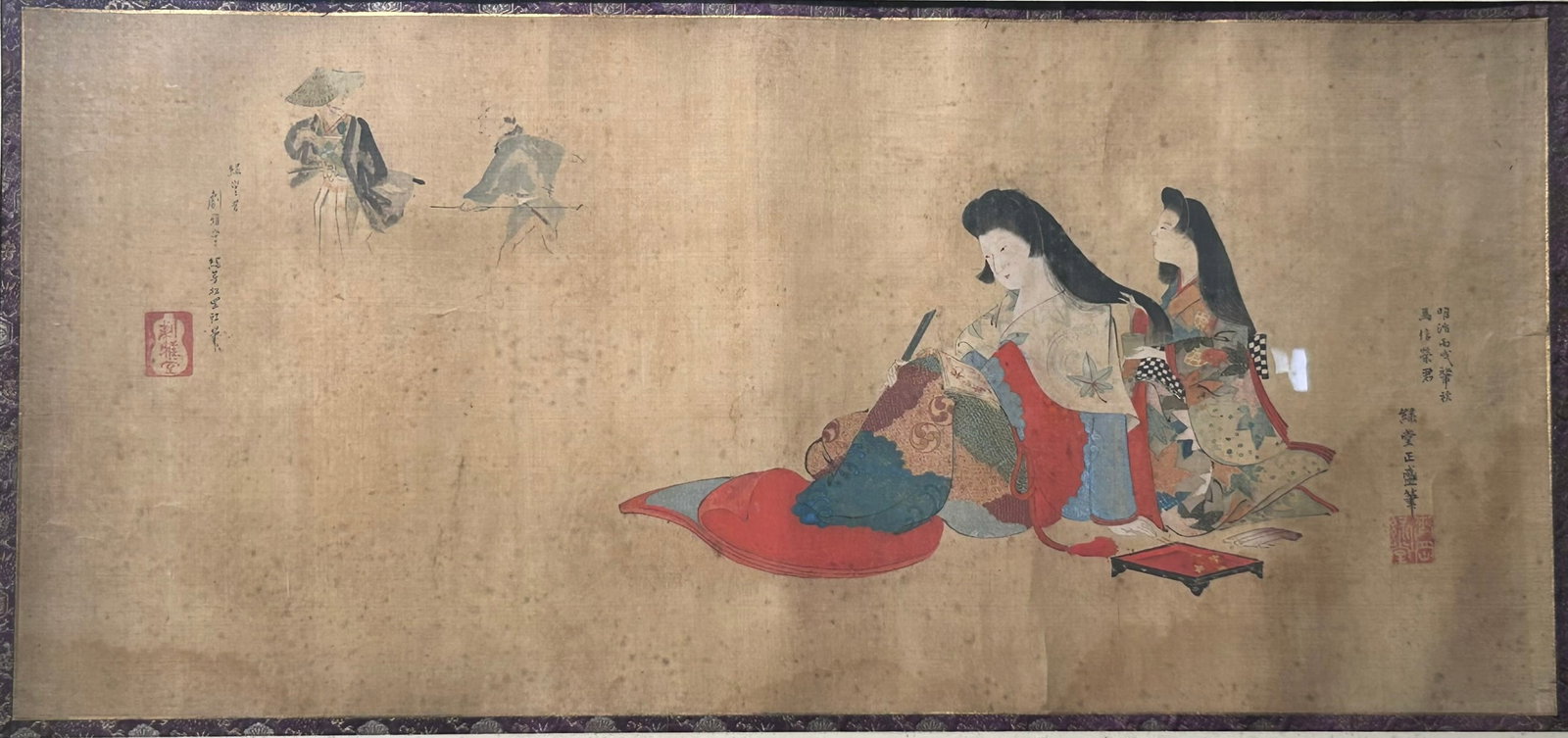 A Japanese Framed Painting, Matsuoka Ryokuga and Matsuoka Ryokudo: Ink and color on silk. 38 in. x 22.3/4 in. overall including the frame.