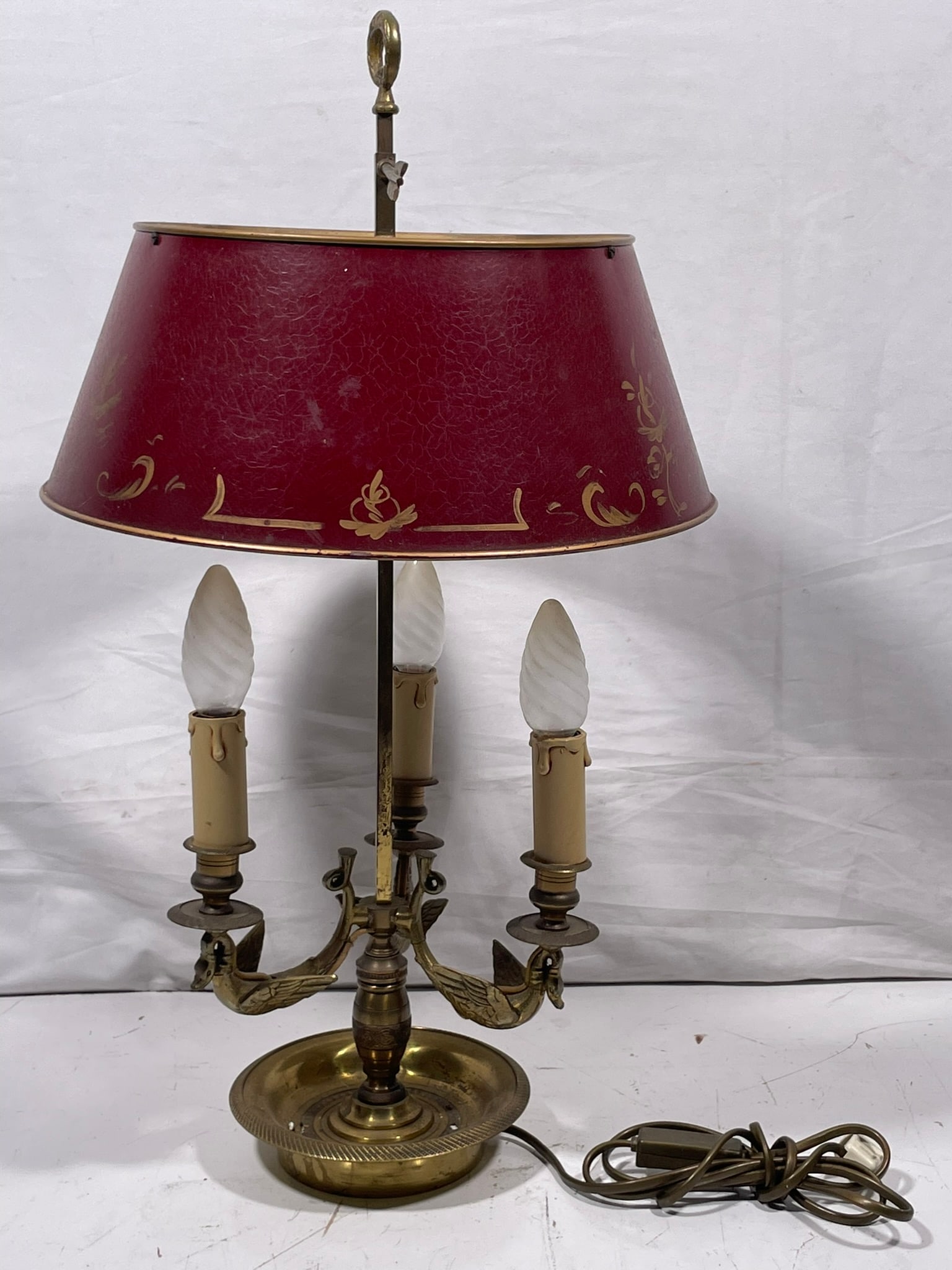 A Vintage French Bouillotte Lamp with Red Shade - 2