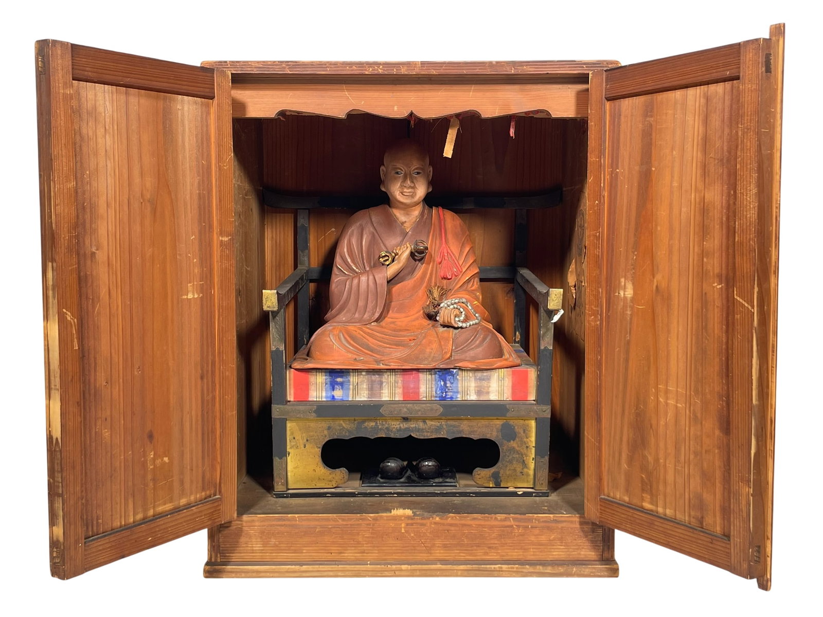 A Japanese Figure of Kukai (Kodo-Dashi) in Portable Shrine: 23.1/4 in. high, 18.1/2 in. wide, 13.1/2 in. deep overall including the shrine wood case.