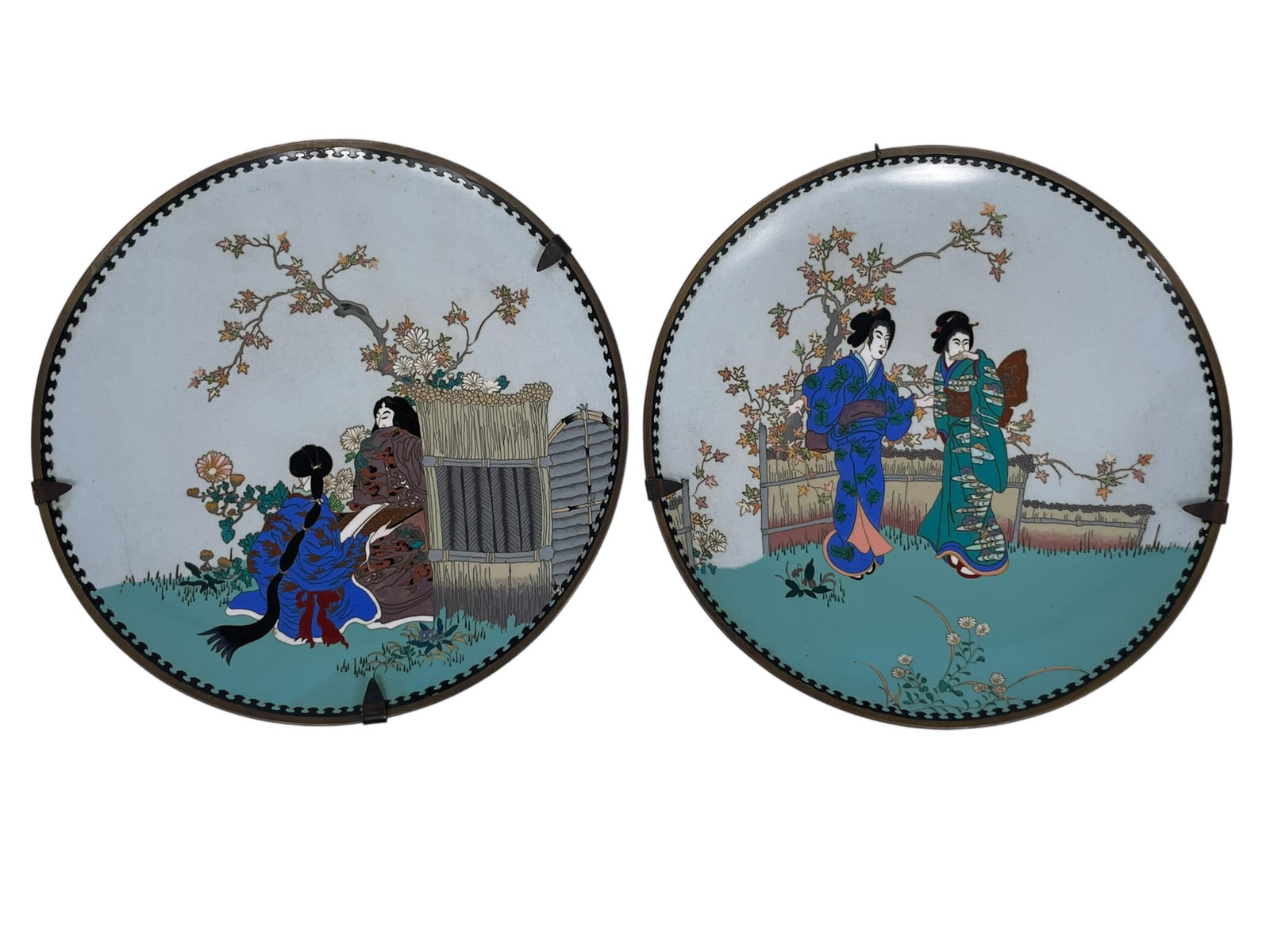 A Pair of Japanese Decorative Cloisonne Enamel Chargers: 11.7/8 in. diam. each.