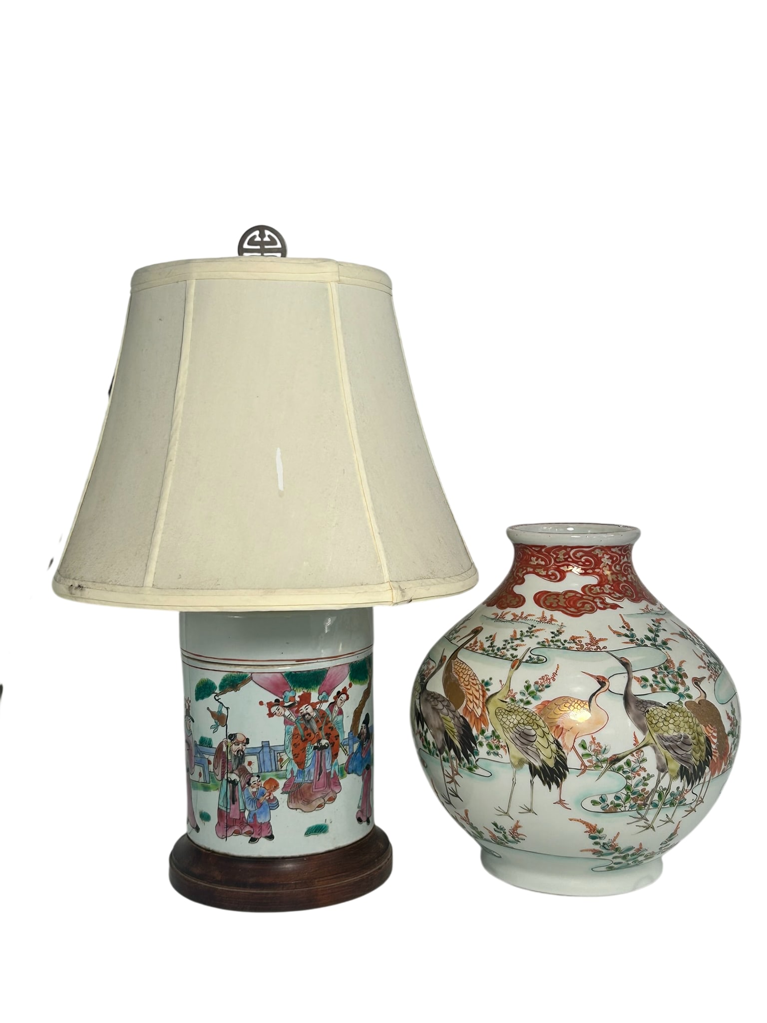 Two Asian Porcelain Ware: Comprising a famille rose circular jar and cover, mounted as a table lamp, the jar and cover measures 6.7/8 in. high, 5.1/2 in. diam., overall 19 in. high, 11.1/2 in. wide; 10 in. high, 9 in. wide; an