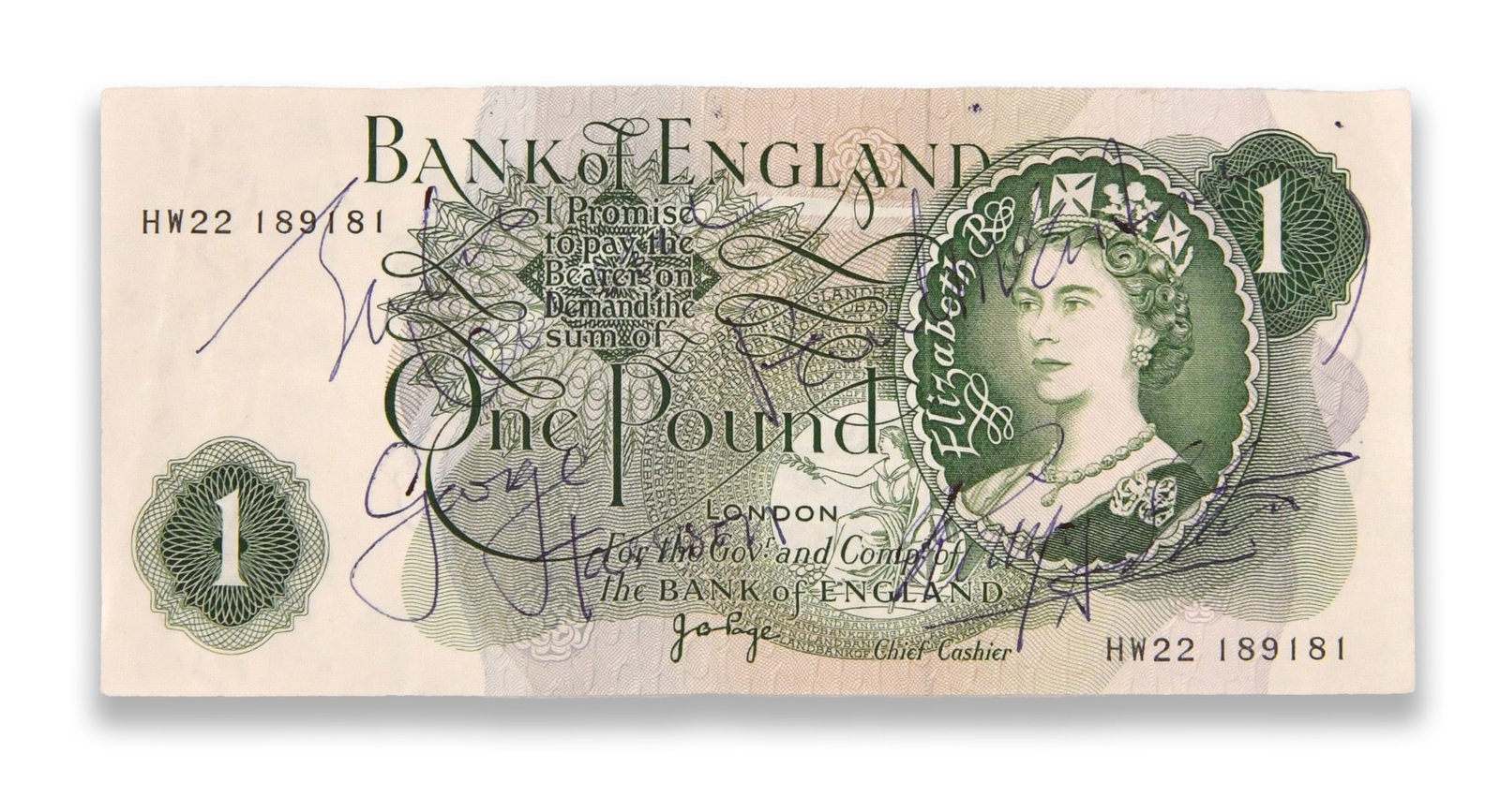THE BEATLES - Fully Signed Bank of England One Pound Note: A Bank of England one pound note bearing portrait imagery of Queen Elizabeth II on the obverse and traditional green engraved design elements on the reverse, signed across the front by all four member