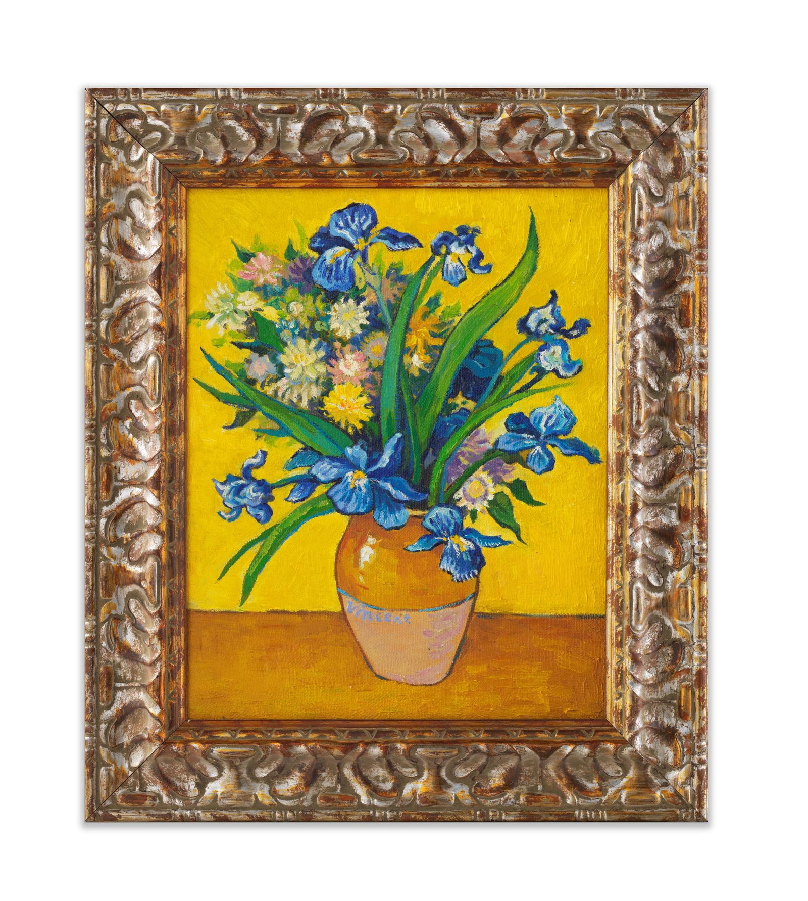 After Vincent van Gogh(1853-1890),OIL ON CANVAS: This is a still life work of flowers by Vincent van Gogh (1853-1890). The picture features a bright yellow background that contrasts strongly with blue irises. Yellow symbolizes the passion and hope o