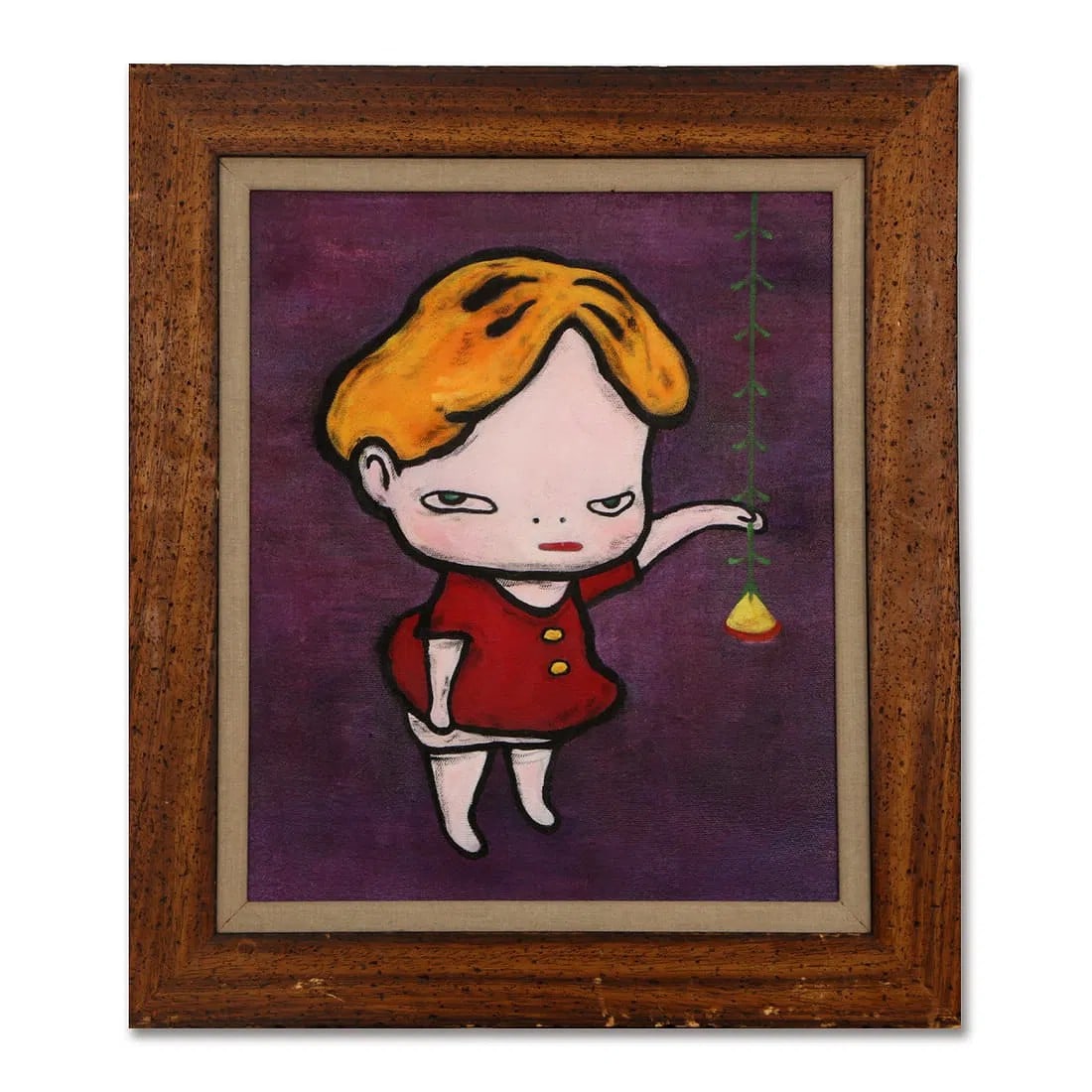After Yoshitomo Nara (1959- ),Acrylic on Canvas: The composition depicts a single standing child figure set against a rich purple ground, rendered with flattened perspective and restrained spatial depth. The figure?s pale face and limbs contrast