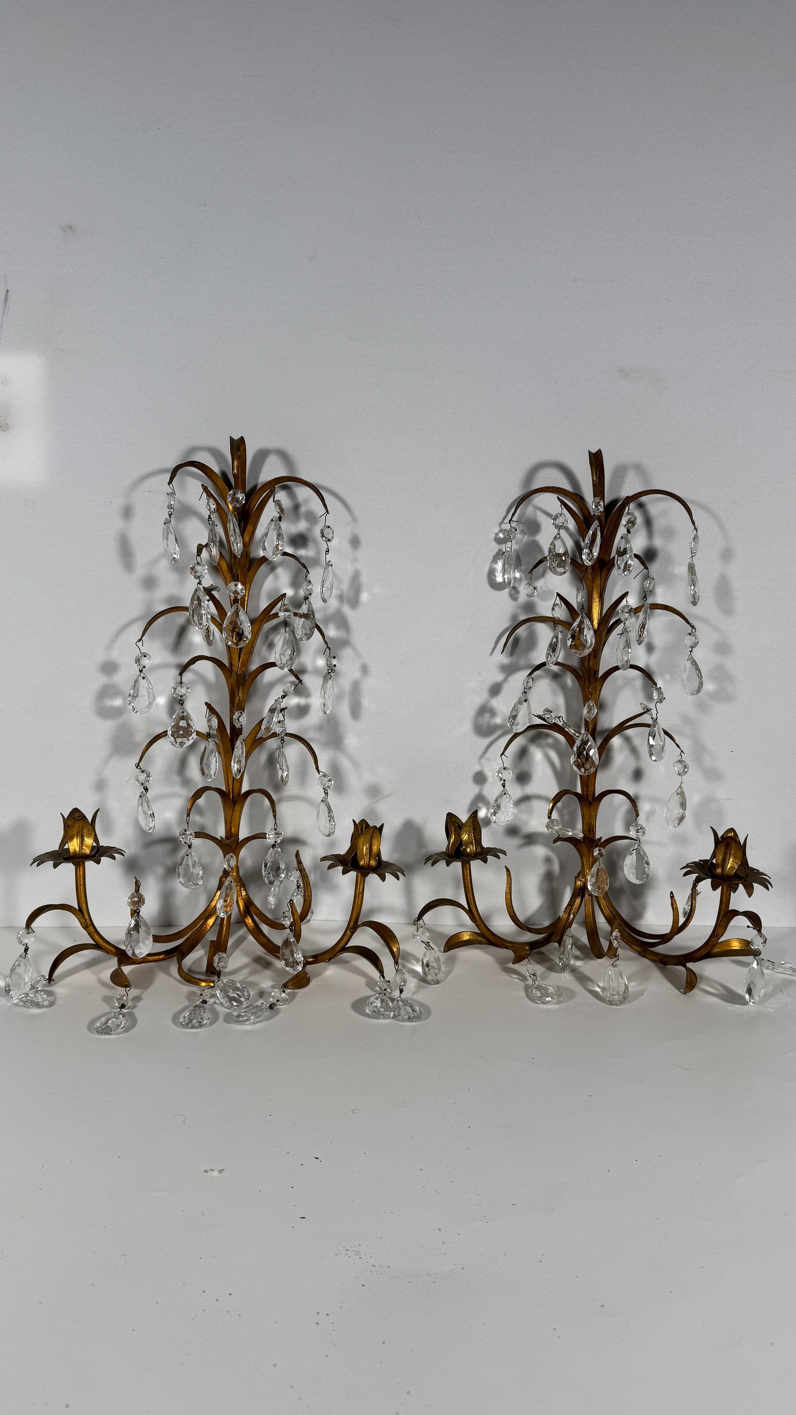 Vintage Pair Italian Tole Gilt Wall Sconce Lights Dripping with Crystal (1 of 18)
