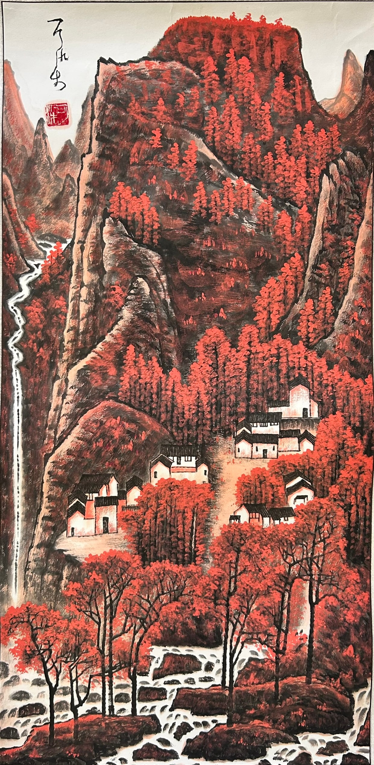 A Chinese Painting of Maple-Tree Covered Mountains, after Li Keran: 47 in. x 23.1/2 in. overall.