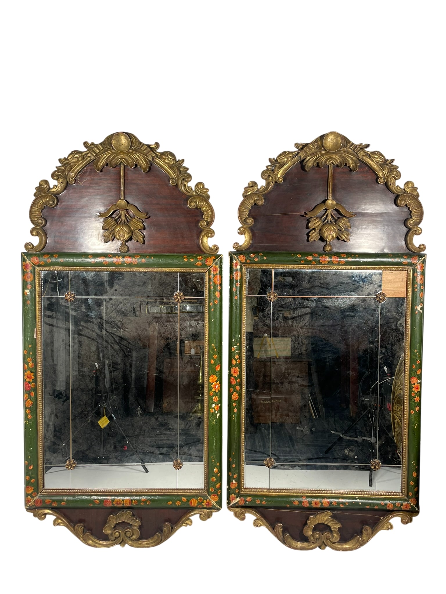 A Pair Of Rococo-Style Partially Gilt Green And Enamel-Painted Stained Mahogany Mirrors (1 of 16)