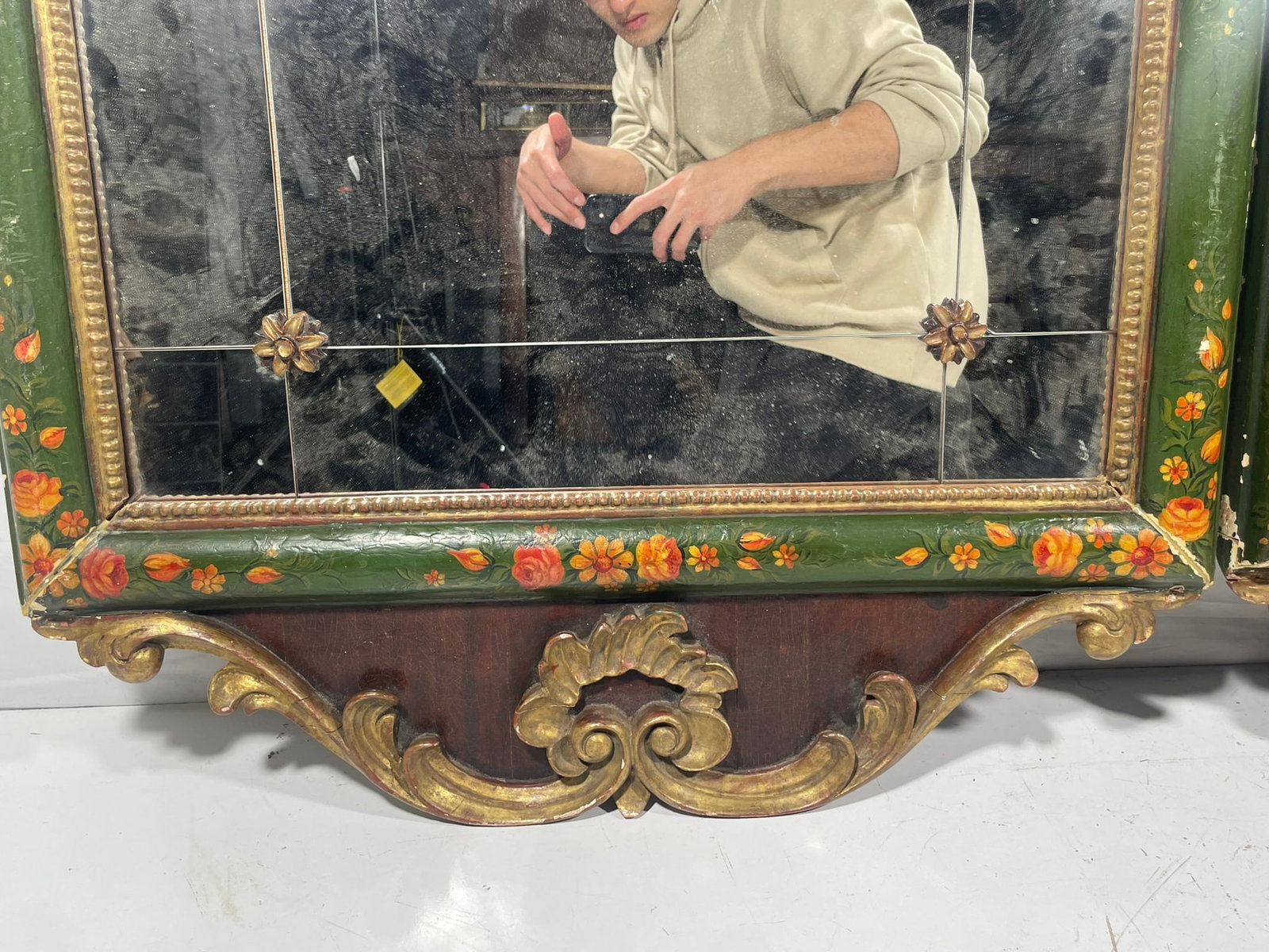 A Pair Of Rococo-Style Partially Gilt Green And Enamel-Painted Stained Mahogany Mirrors - 6