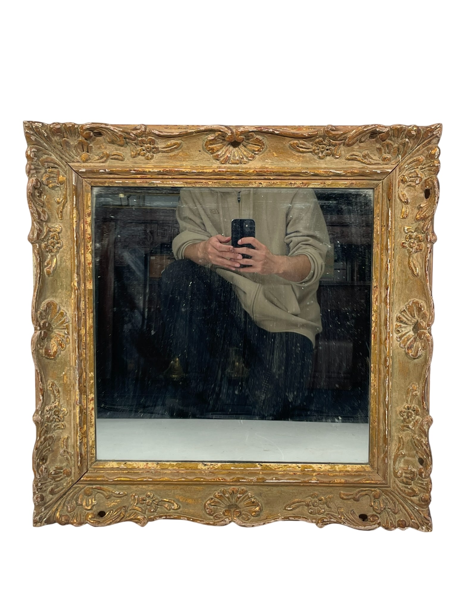 French Rococo Giltwood Mirror with Floral Carvings: L. 23.5, W. 23.5