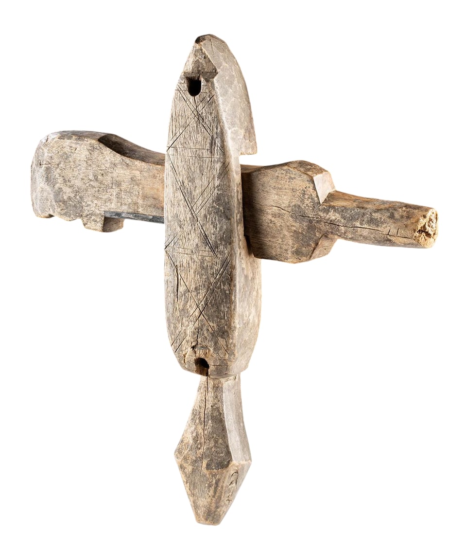 An African Dogon Wood & Iron Granary Door Lock, Early to Mid-20th Century: West Africa, Mali, Bamana or Dogon culture, circa early to mid-20th century. A substantial hand-carved wooden granary lock constructed from two interlocking wooden elements and reinforced with iron ha