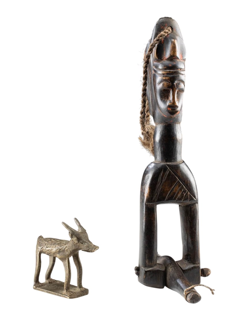 A Baule Carved Wood Pulley w/ Asante Brass Goat Weight, 19th to Mid-20th Century (1 of 4)