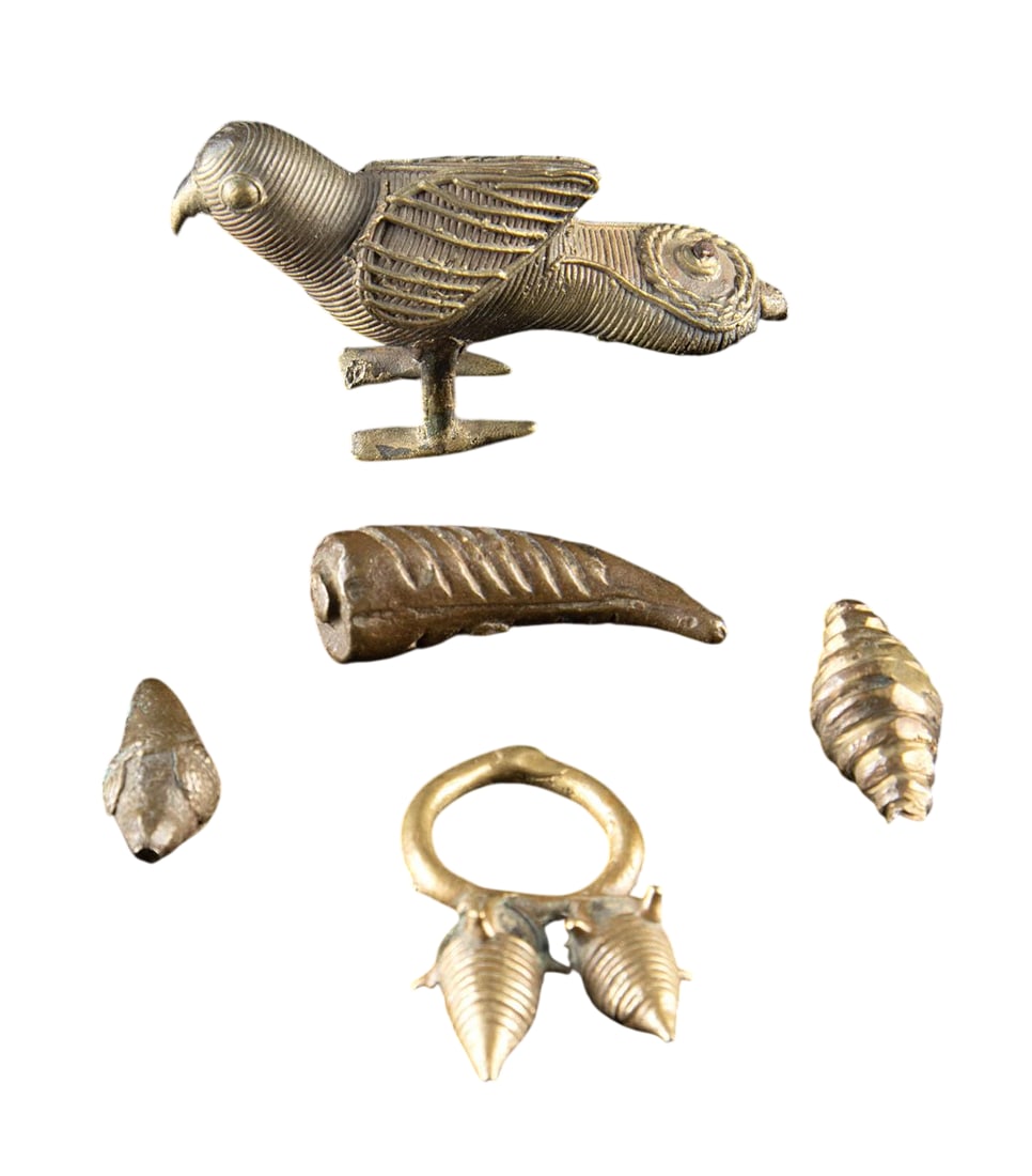 A Group of Five Brass Items: Akan Weights, Dogon Ring & Indian Bird, Late 19th to Mid-20th Century (1 of 2)