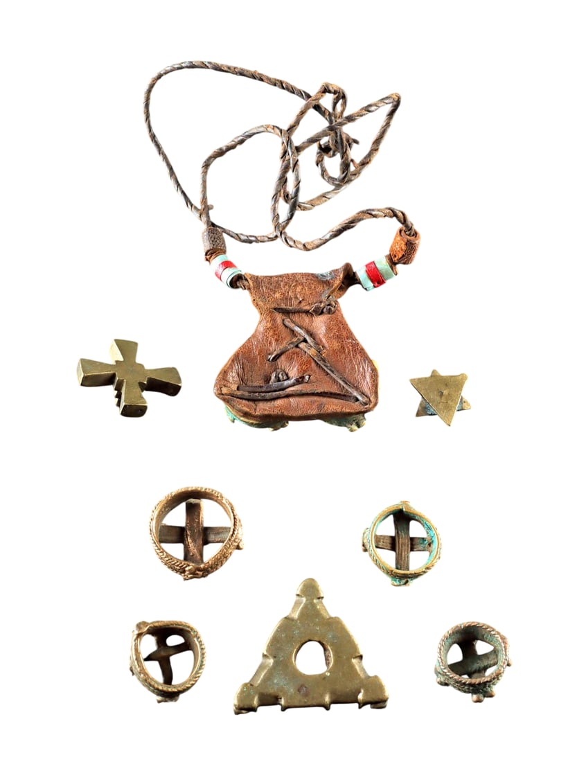 A Group of Seven African Dogon /Akan Brass Amulets & Leather Necklace, Late 19th to Mid-20th Century (1 of 2)