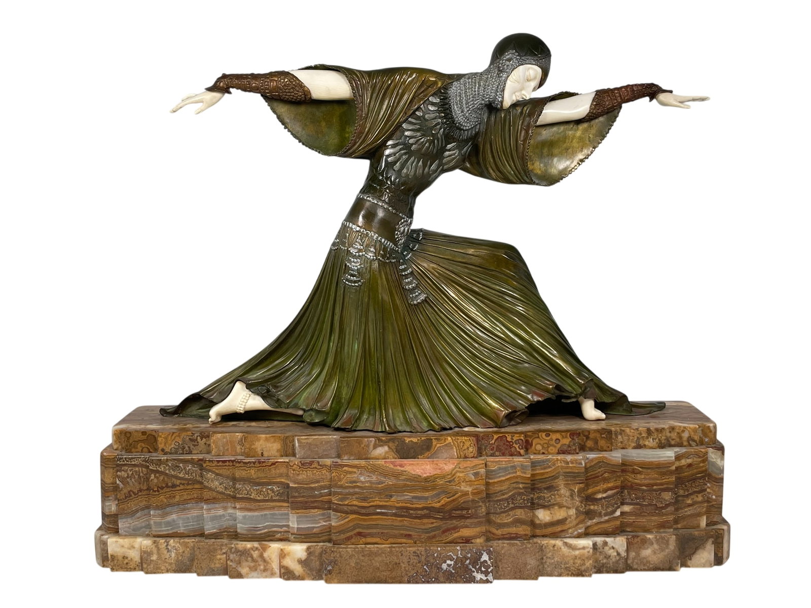 A Painted and Parcel-Gilt Bronze Egyptian Courtesan Figure on Marble Base, After Demetre Haralamb: A signature on the surface of the marble base. 19.1/2 in. high, 24 in. wide.