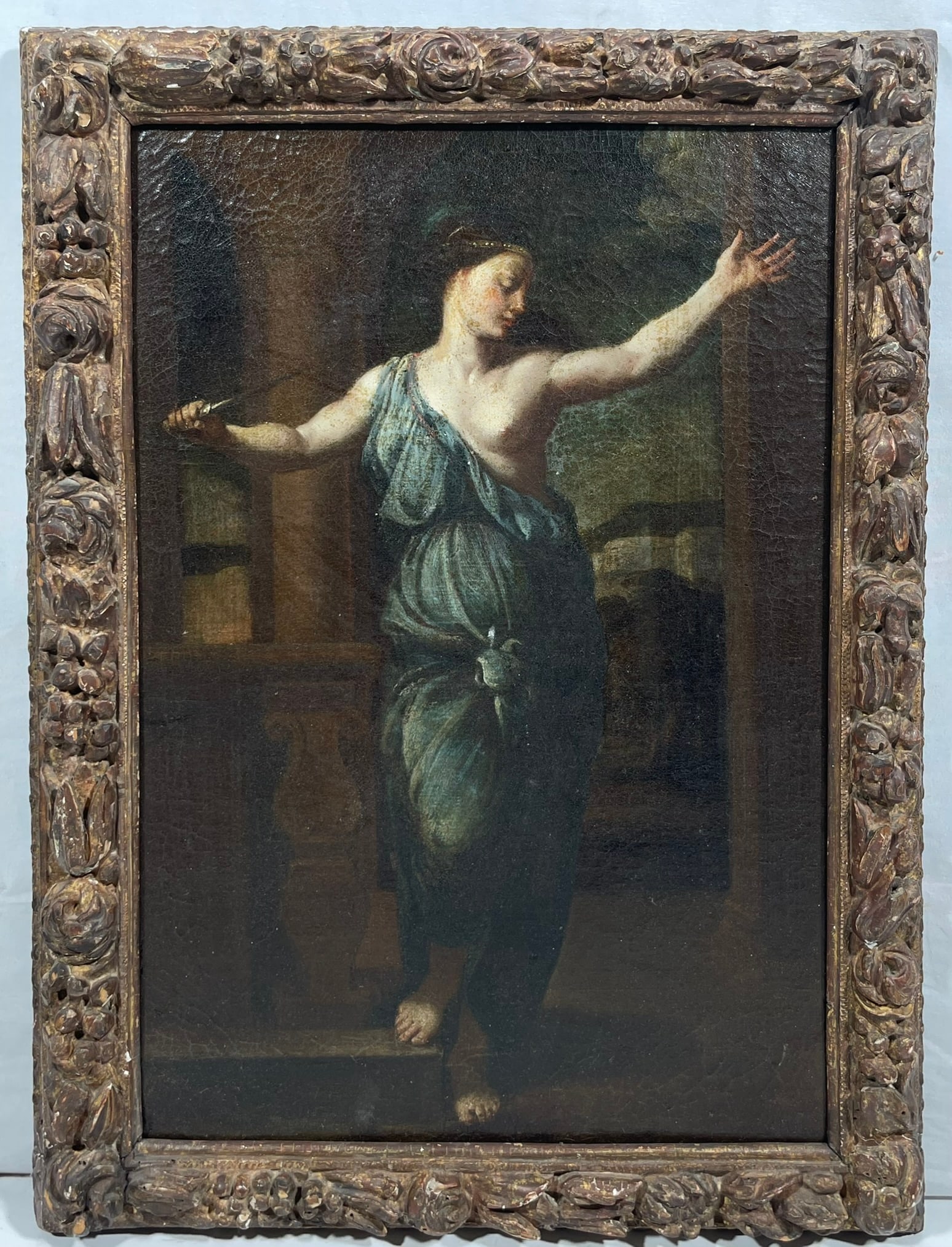 A Painting 'The Death of Lucretia', after Marcantonio Raimondi and Raphael: 21.1/2 in. x 15.1/2 in. overall including the frame.