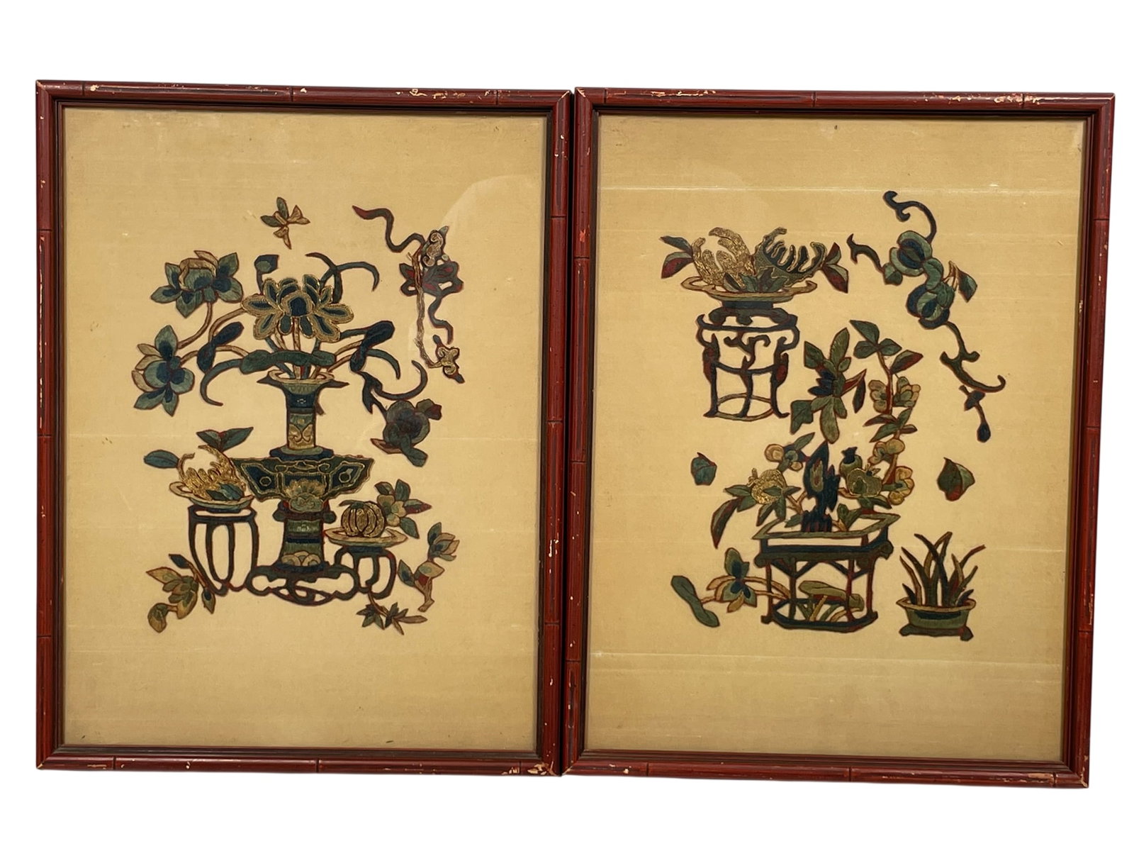 A Pair of Chinese Embroidered Silk 'Antiques' Panels: 17 in. x 13 in. each overall including the frame.