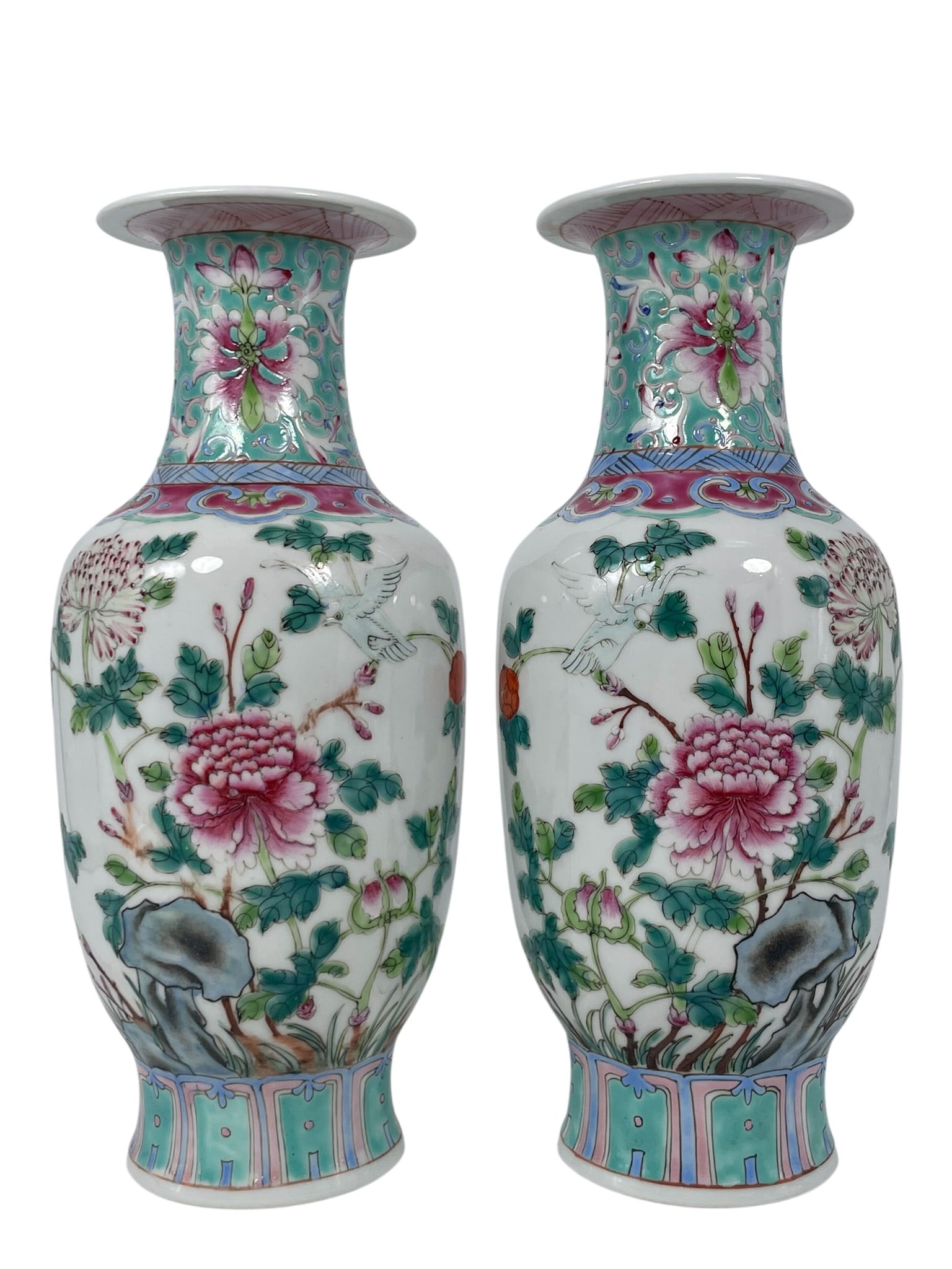 A Pair of Chinese Famille Rose 'Bird and Flower' Porcelain Vases: 10.1/4 in. high, 4 in. wide each.