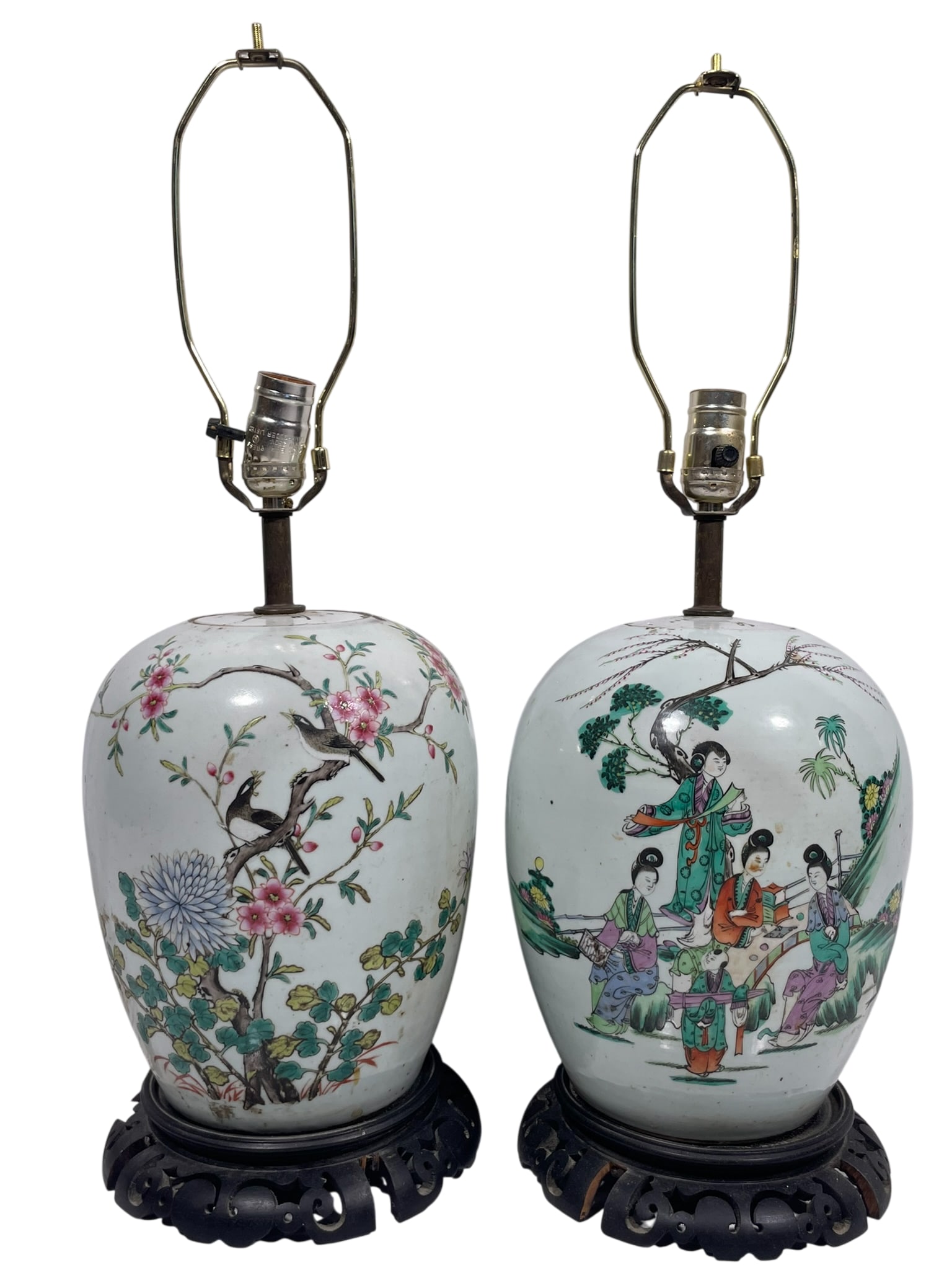 Two Chinese Famille Rose 'Figural' Porcelain Jars: Both mounted as lamps. 10.1/2 in. high, 8.1/2 in. wide for the jars each; 24.1/2 in. high, 8.1/2 in. wide overall each.