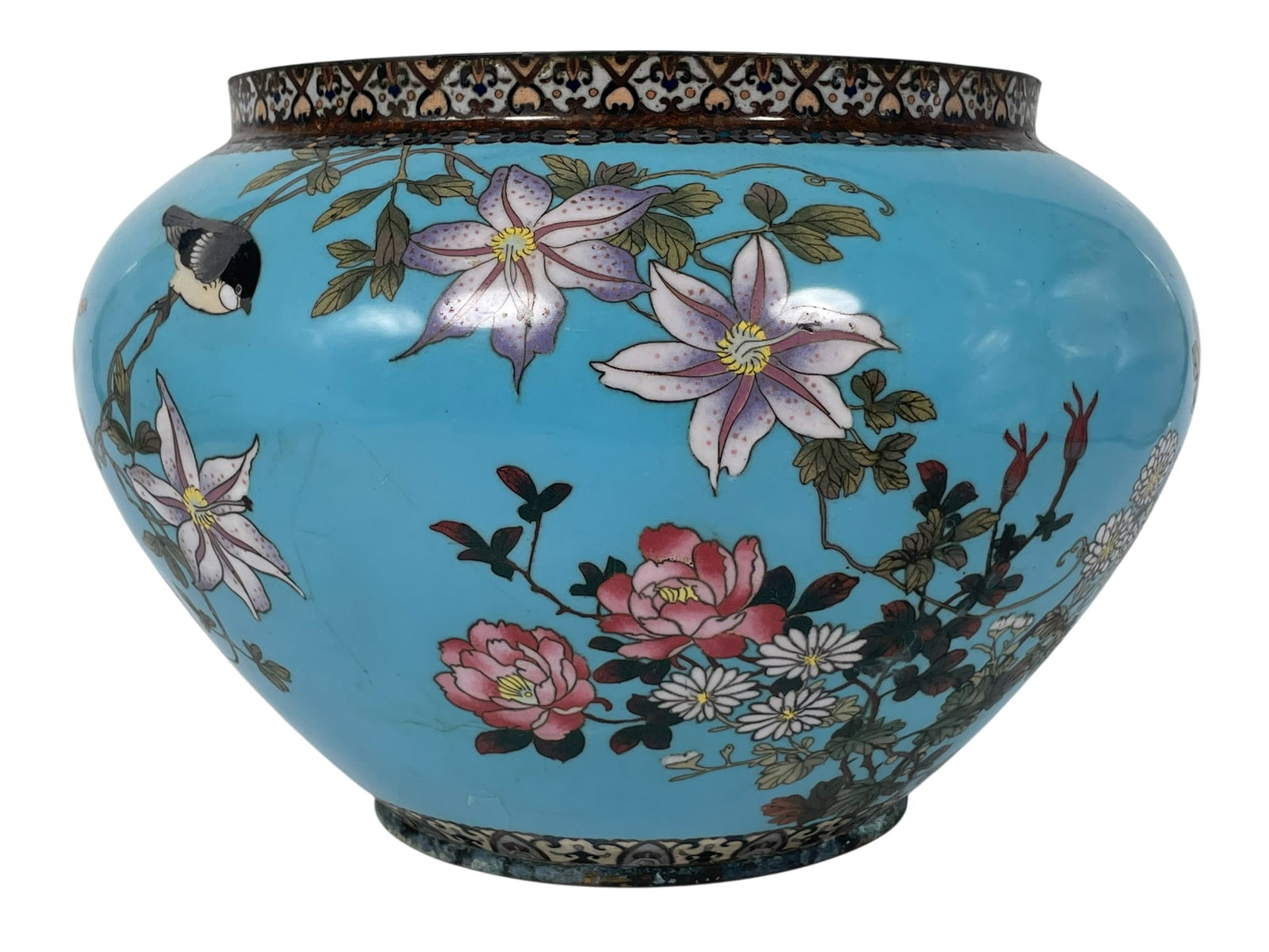A Japanese Cloisonne Enamel 'Bird, Butterfly, and Flower' Ovoid Jardiniere: 8 in. high, 11.1/2 in. wide.